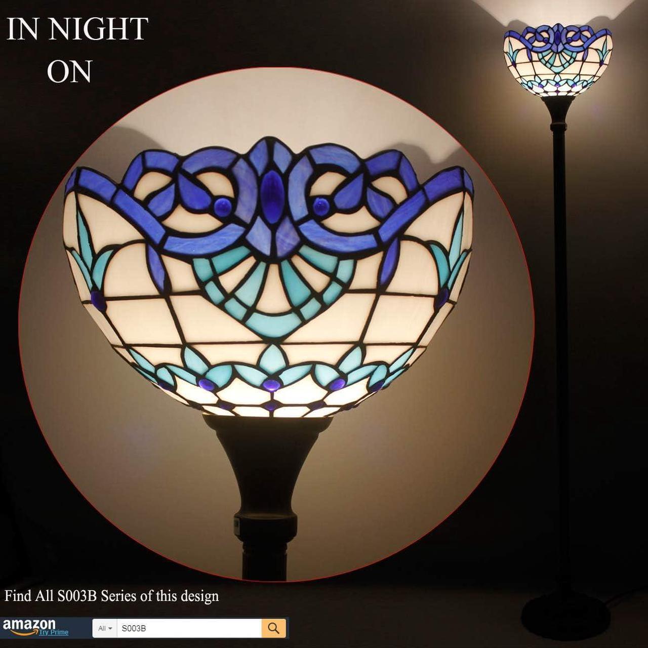 Alt view image 5 of 7 - WERFACTORY Tiffany Floor Lamp Navy Blue Baroque Stained Glass Light 12X12X66 Inches Pole Torchiere Standing Corner Torch Uplight Decor Bedroom Living Room Home Office S003B Series