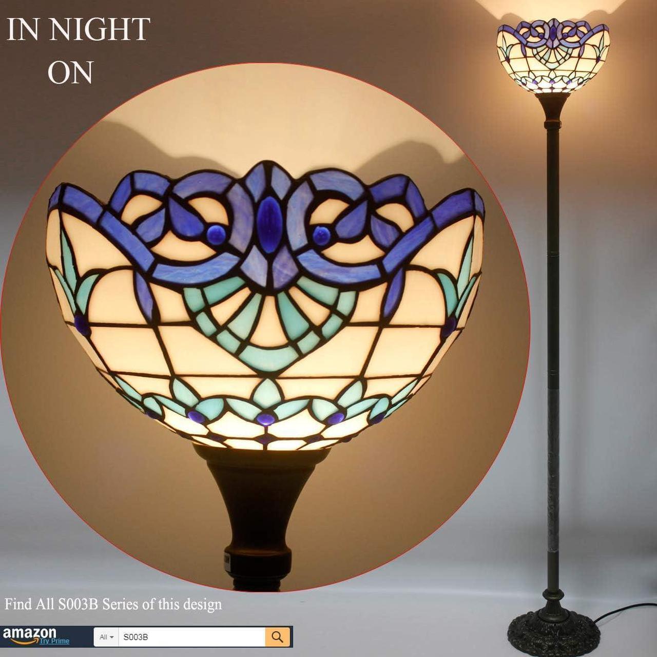 Alt view image 6 of 7 - WERFACTORY Tiffany Floor Lamp Navy Blue Baroque Stained Glass Light 12X12X66 Inches Pole Torchiere Standing Corner Torch Uplight Decor Bedroom Living Room Home Office S003B Series