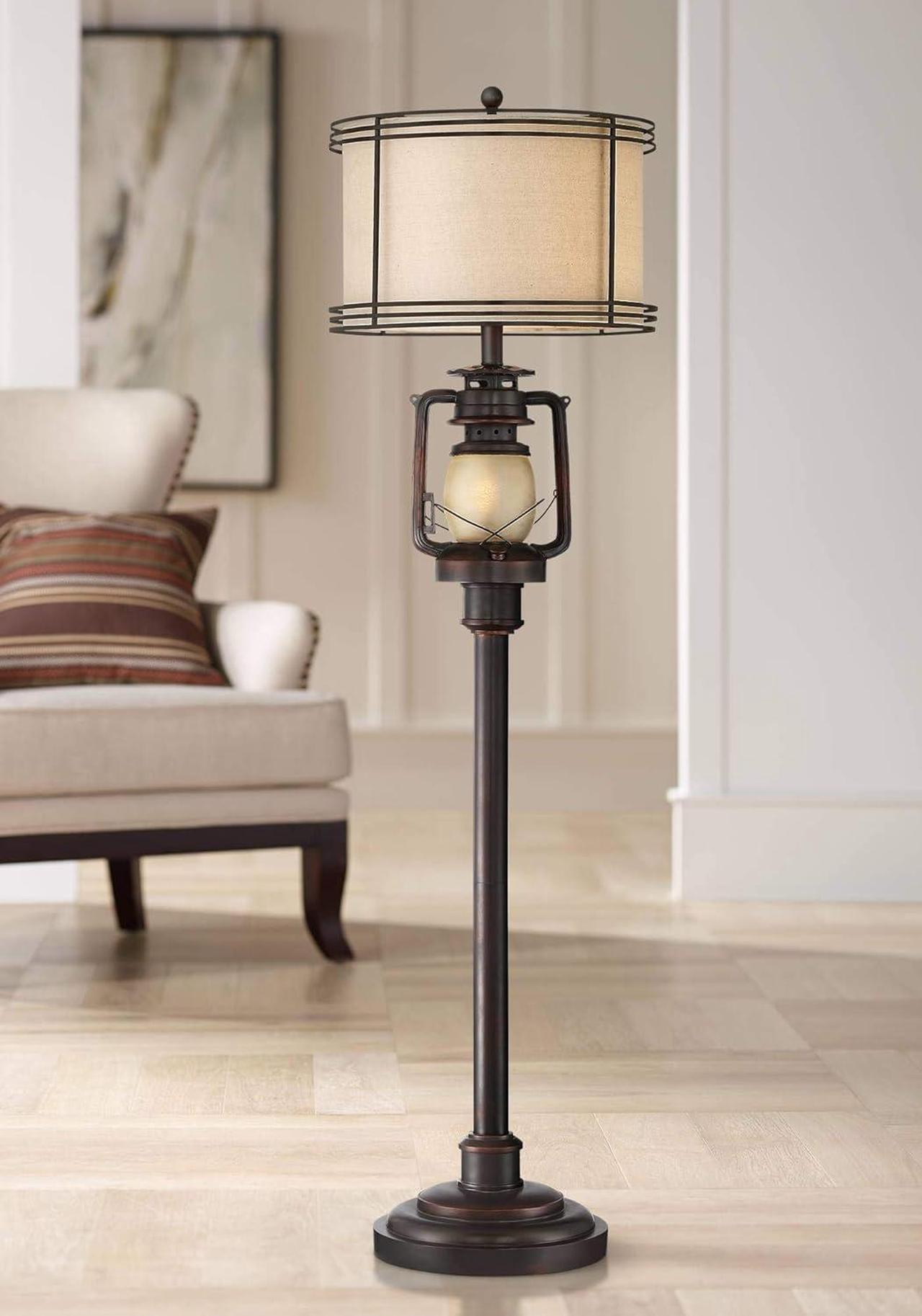 Main image of Barnes and Ivy Henson Rustic Industrial Farmhouse Standing Floor Lamp with Night Light Glass 63" Tall Bronze Earthy Fabric Drum Shade Decor for Living Room Reading House Bedroom Home