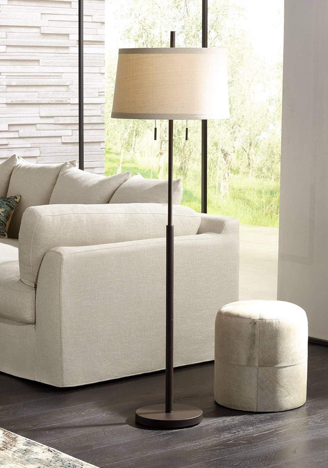 Main image of Possini Euro Design Nayla Modern Floor Lamp Standing 62.5" Tall Bronze Steel Slender Column Off White Fabric Tapered Drum Shade Decor for Living Room Reading House Bedroom Home