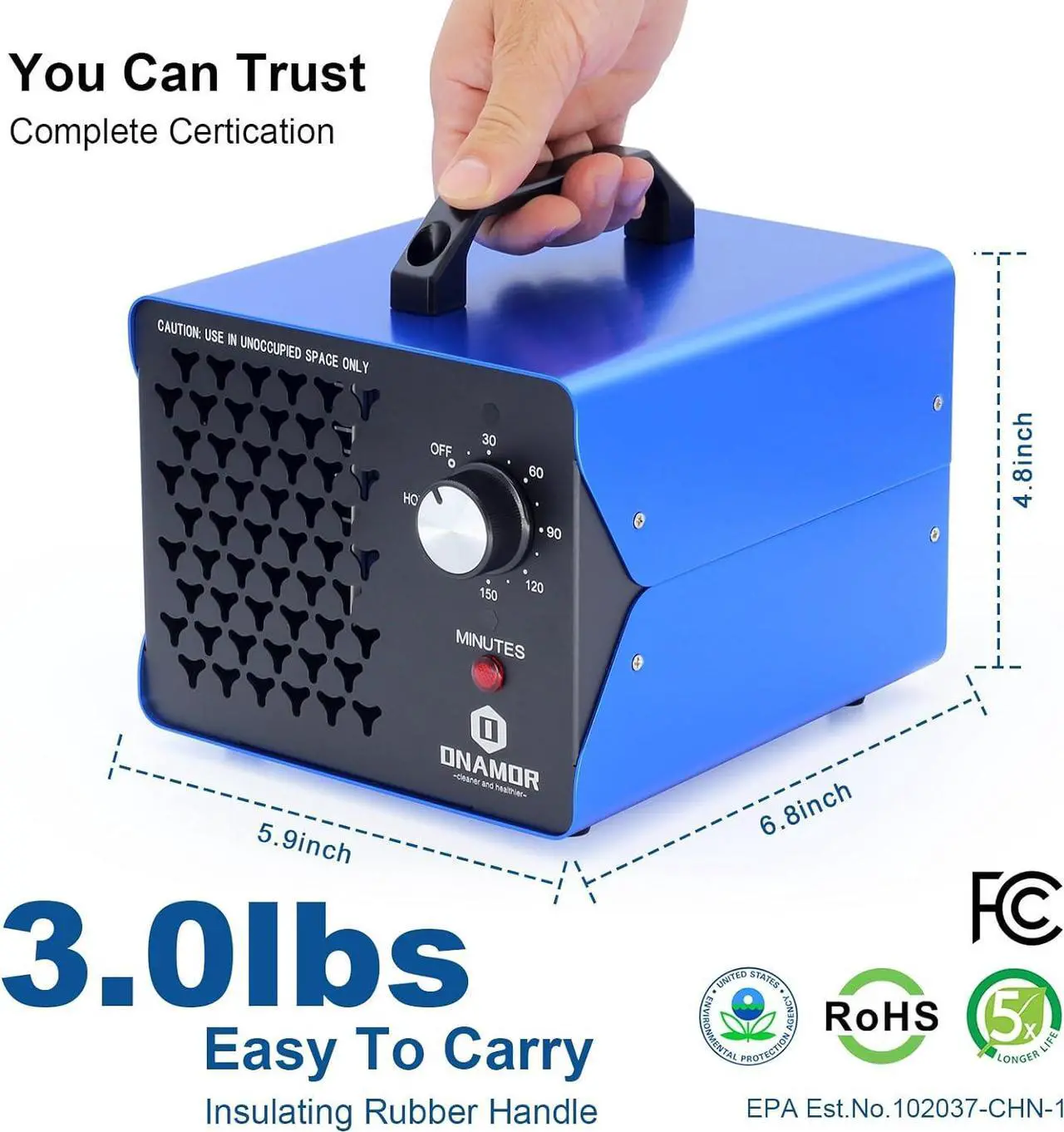 Alt view image 7 of 7 - ONAMOR Ozone Generator 30000mg/h - Ozone Machine Odor Removal Eliminate Odors Area Up to 4000 Sq.Ft, O3 Ozone Ionizer Deodorizer for Home, Smoke, Car, and Pet Room. (Blue)
