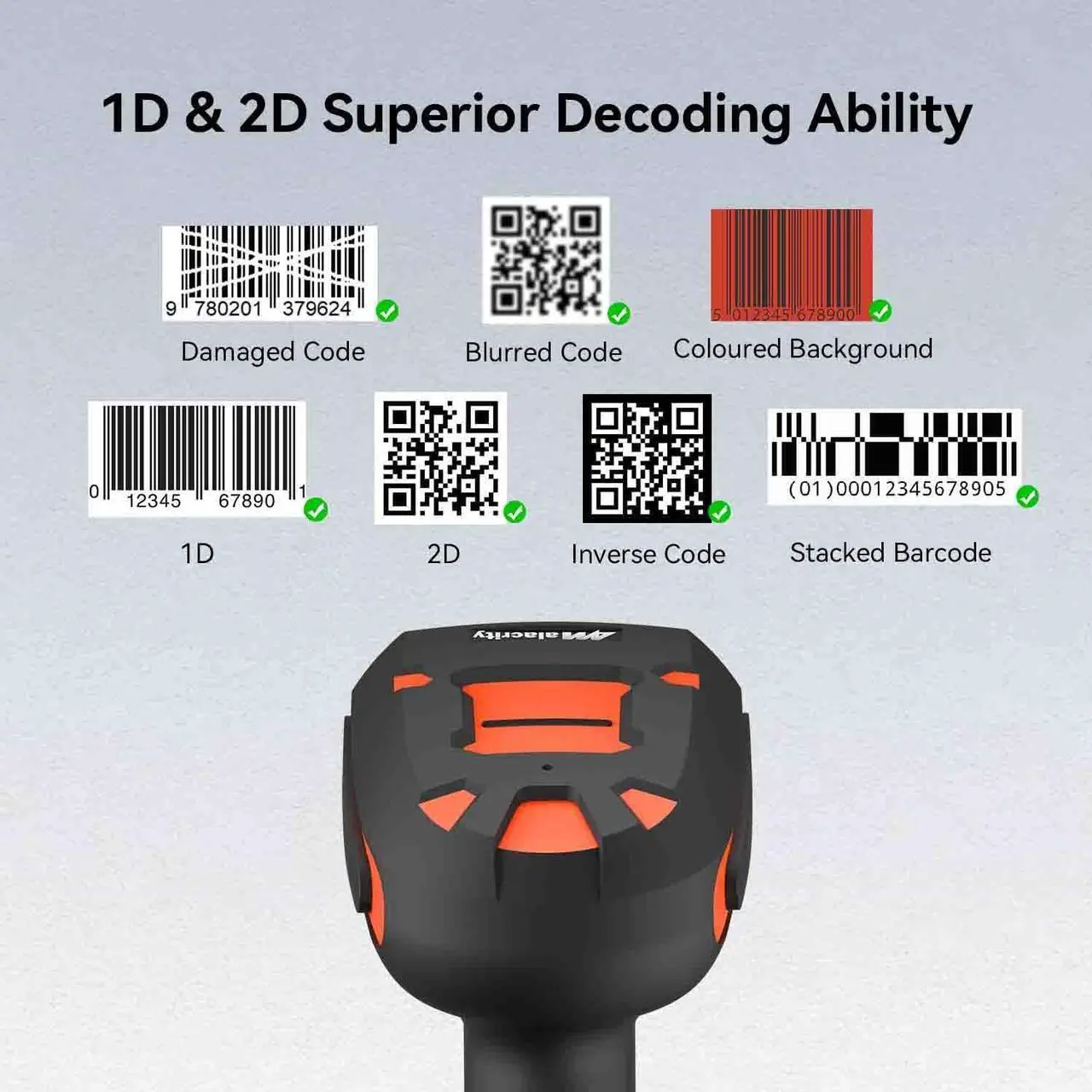 Alt view image 5 of 6 - Alacrity 2024 1D Laser Industrial Barcode Scanner with LCD Display, 2.4Ghz Wireless & Wired 2in1 Barcode Reader, Shock Dust Proof Hands Free, Green