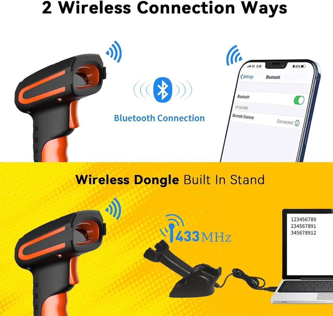 Alt view image 6 of 6 - Alacrity 2024 1D Laser Industrial Barcode Scanner with LCD Display, 2.4Ghz Wireless & Wired 2in1 Barcode Reader, Shock Dust Proof Hands Free, Green