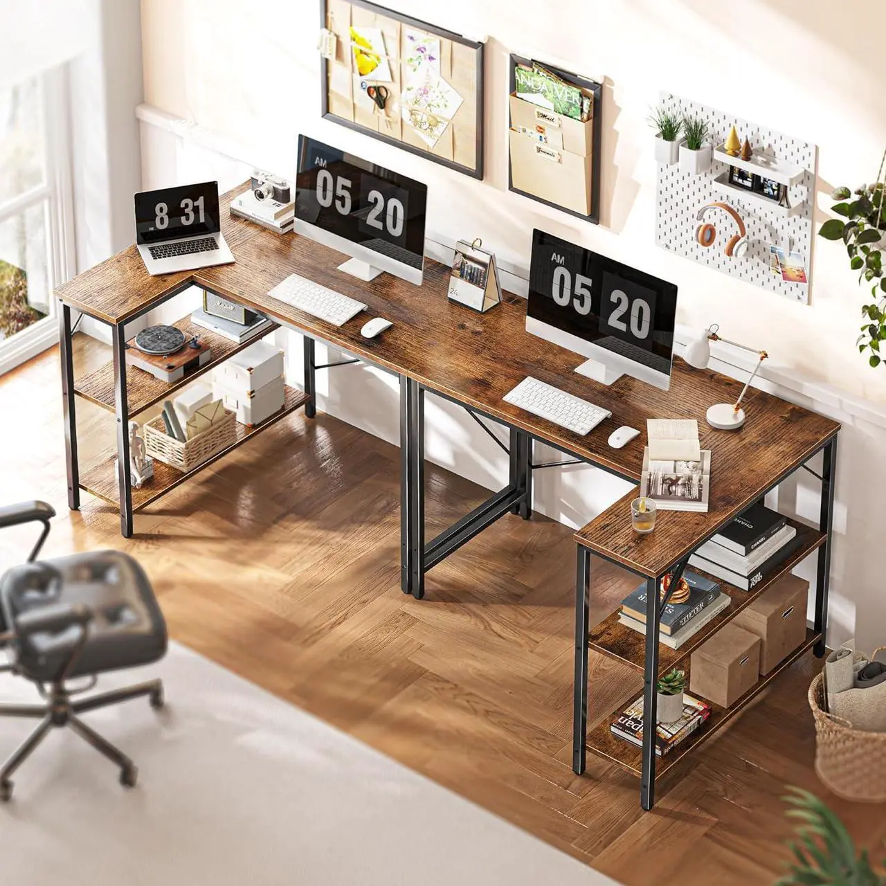 Alt view image 5 of 7 - Huuger L Shaped Desk, 39 Inches Computer Desk with Reversible Storage Shelves, Gaming Desk, Corner Desk Home Office Desks, Writing Desk Study Desk with Metal Frame, Rustic Brown