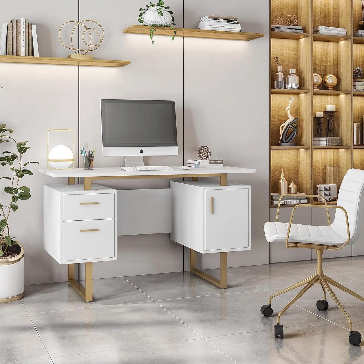 Alt view image 2 of 7 - Techni Mobili Storage Drawers and Cabinet 51.25 W-Modern Office Large Floating Desktop Surface Desk, White/Gold