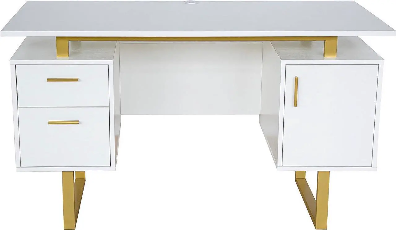 Alt view image 4 of 7 - Techni Mobili Storage Drawers and Cabinet 51.25 W-Modern Office Large Floating Desktop Surface Desk, White/Gold