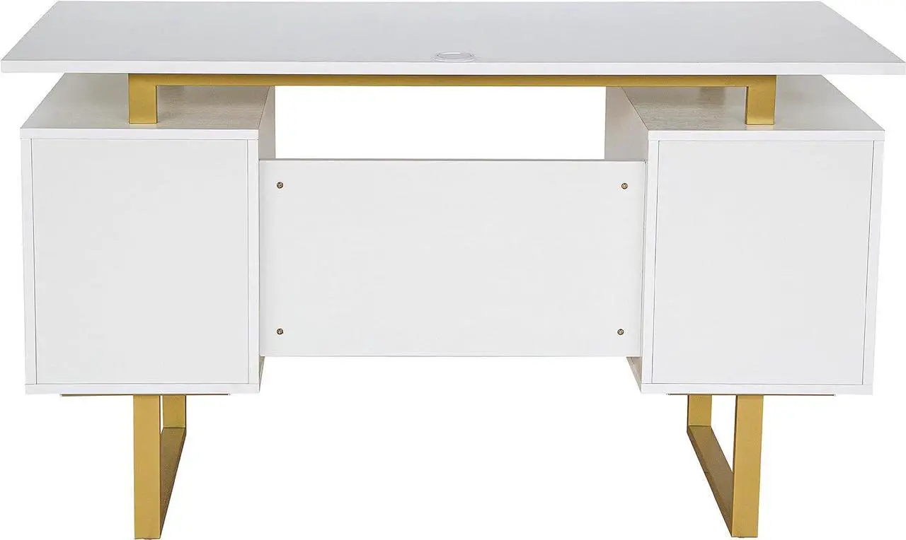 Alt view image 6 of 7 - Techni Mobili Storage Drawers and Cabinet 51.25 W-Modern Office Large Floating Desktop Surface Desk, White/Gold
