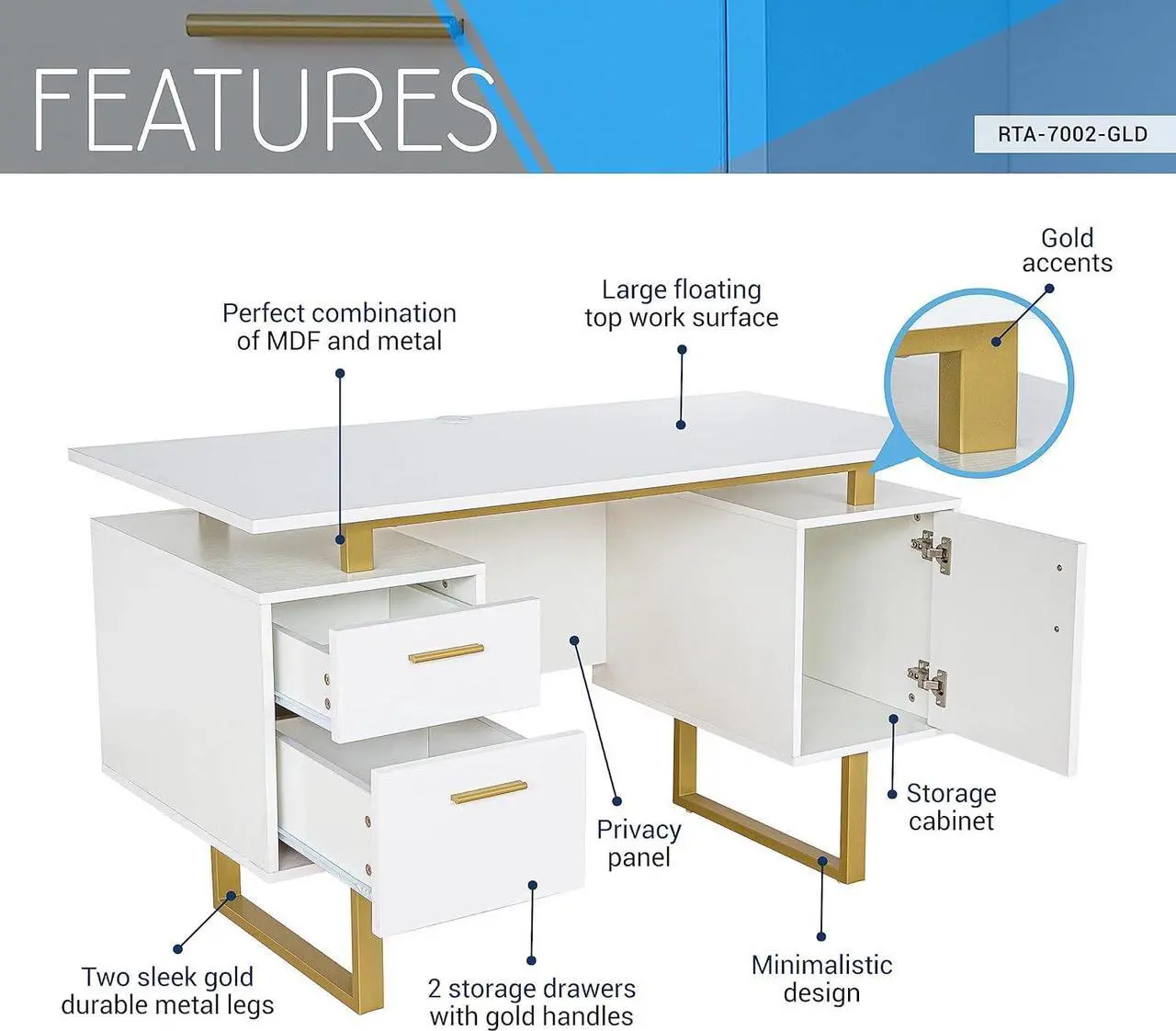 Alt view image 7 of 7 - Techni Mobili Storage Drawers and Cabinet 51.25 W-Modern Office Large Floating Desktop Surface Desk, White/Gold