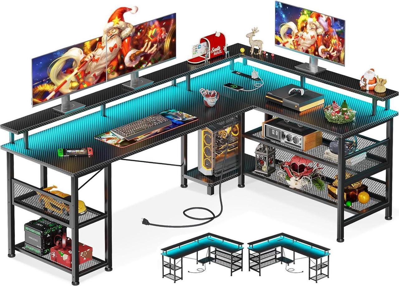Main image of ODK 66" L Shaped Gaming Desk with Power Outlet and LED Lights, Reversible L Shaped Desk with Storage Shelves & Monitor Stand, Gaming Desk with USB Ports, Home Office Desk, Black Carbon Fiber