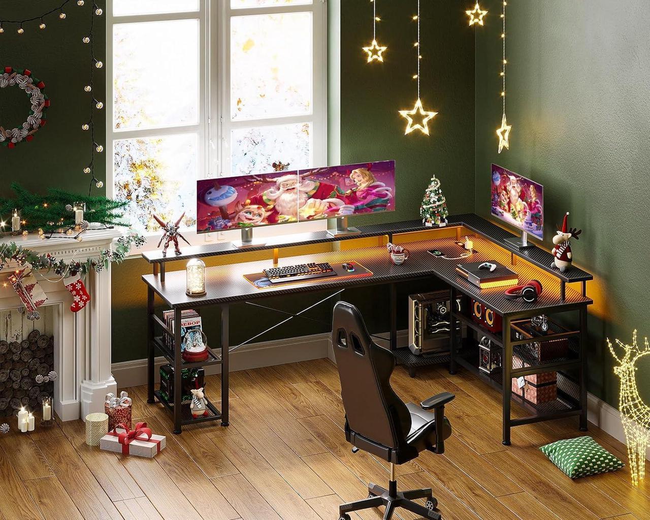 Alt view image 2 of 7 - ODK 66" L Shaped Gaming Desk with Power Outlet and LED Lights, Reversible L Shaped Desk with Storage Shelves & Monitor Stand, Gaming Desk with USB Ports, Home Office Desk, Black Carbon Fiber