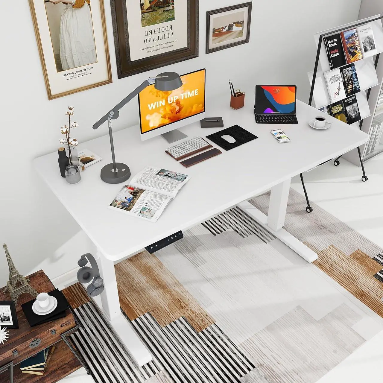Alt view image 2 of 7 - Win Up Time Standing Desk Adjustable Height- Whole Piece Desktop Stand Up Desk, Electric Standing Desk, Sit to Stand Desk for Home Office Computer Desk, White