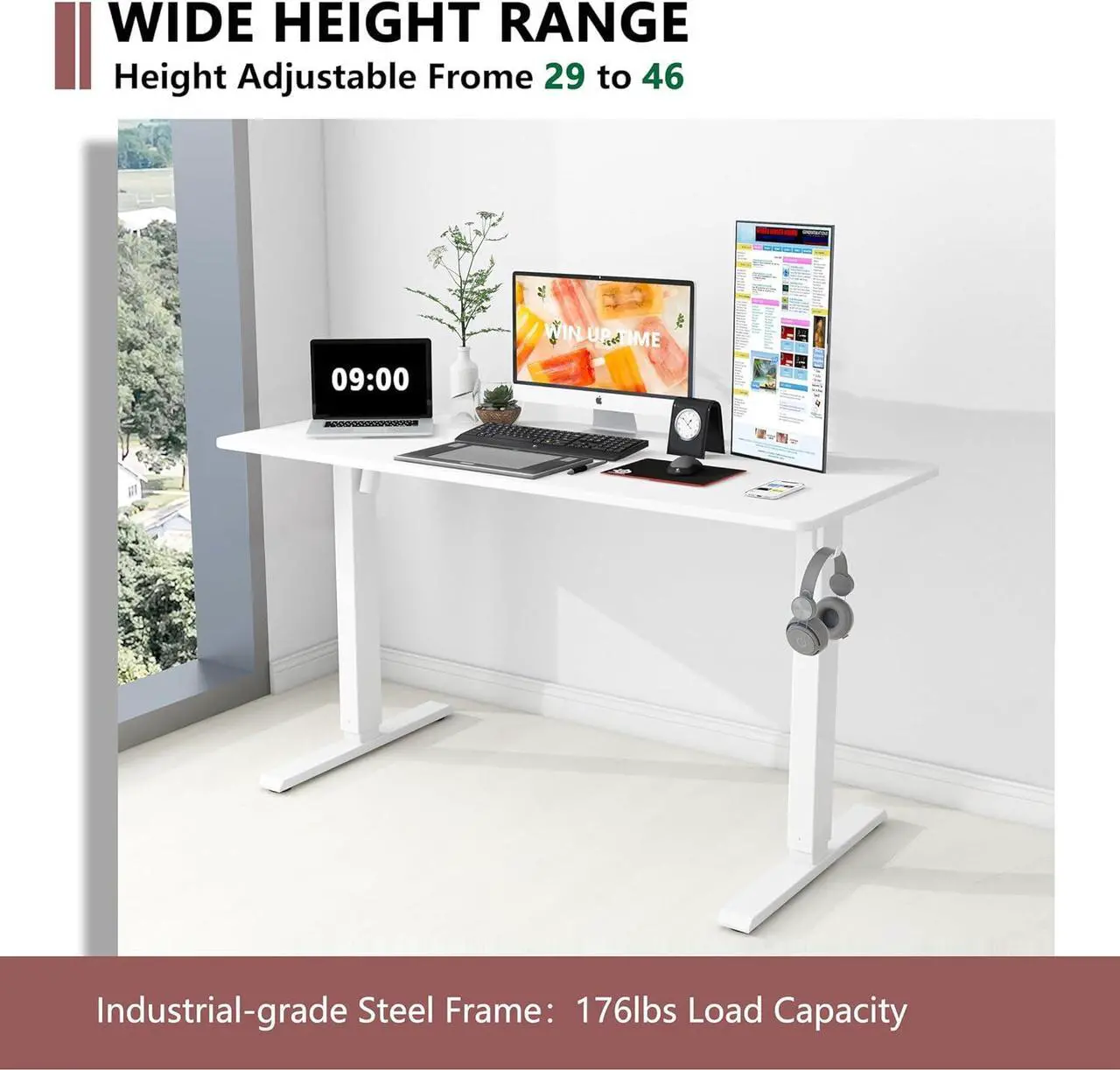 Alt view image 5 of 7 - Win Up Time Standing Desk Adjustable Height- Whole Piece Desktop Stand Up Desk, Electric Standing Desk, Sit to Stand Desk for Home Office Computer Desk, White