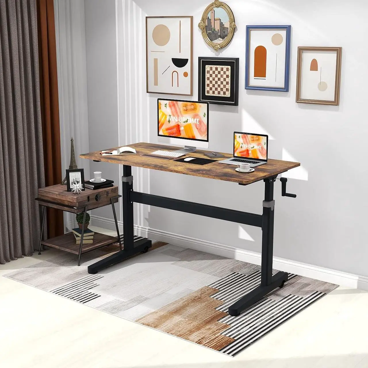 Alt view image 2 of 7 - Manual Standing Desk Adjustable Height- Crank Mobile Standing Desk 48 x 24 Inches Sit Stand Desk Frame & Top, Stand Up Desk on Wheels, Computer Desk Black Frame & Rustic Brown