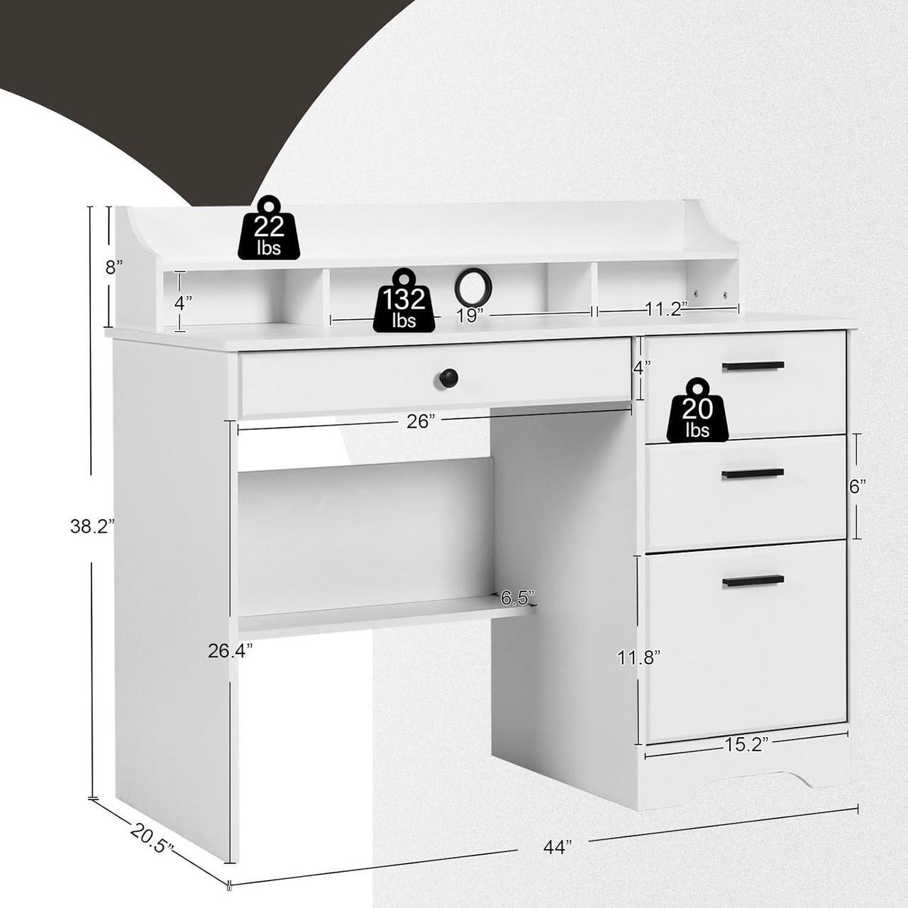 Alt view image 2 of 5 - Catrimown Computer Desk with 4 Drawers and Hutch, Home Office White Writing Desk with File Drawer and Shelves for Small Spaces, Small Desk Study Table for Bedroom