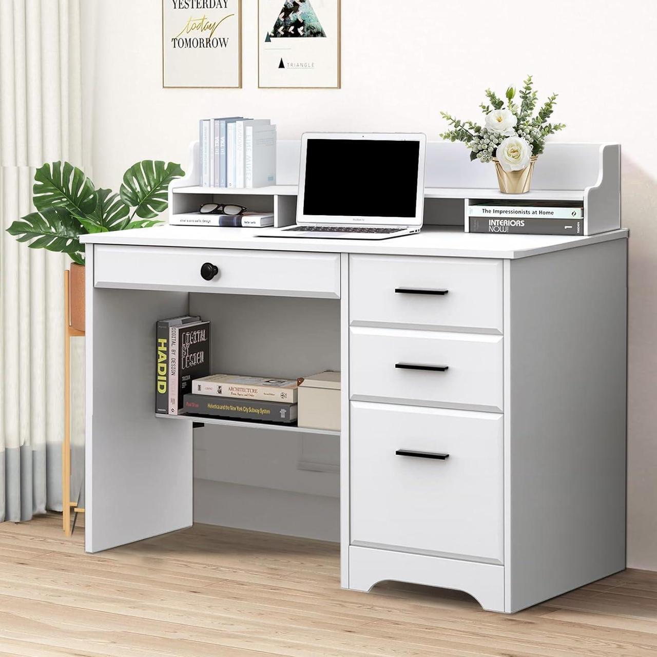Main image of Catrimown Computer Desk with 4 Drawers and Hutch, Home Office White Writing Desk with File Drawer and Shelves for Small Spaces, Small Desk Study Table for Bedroom