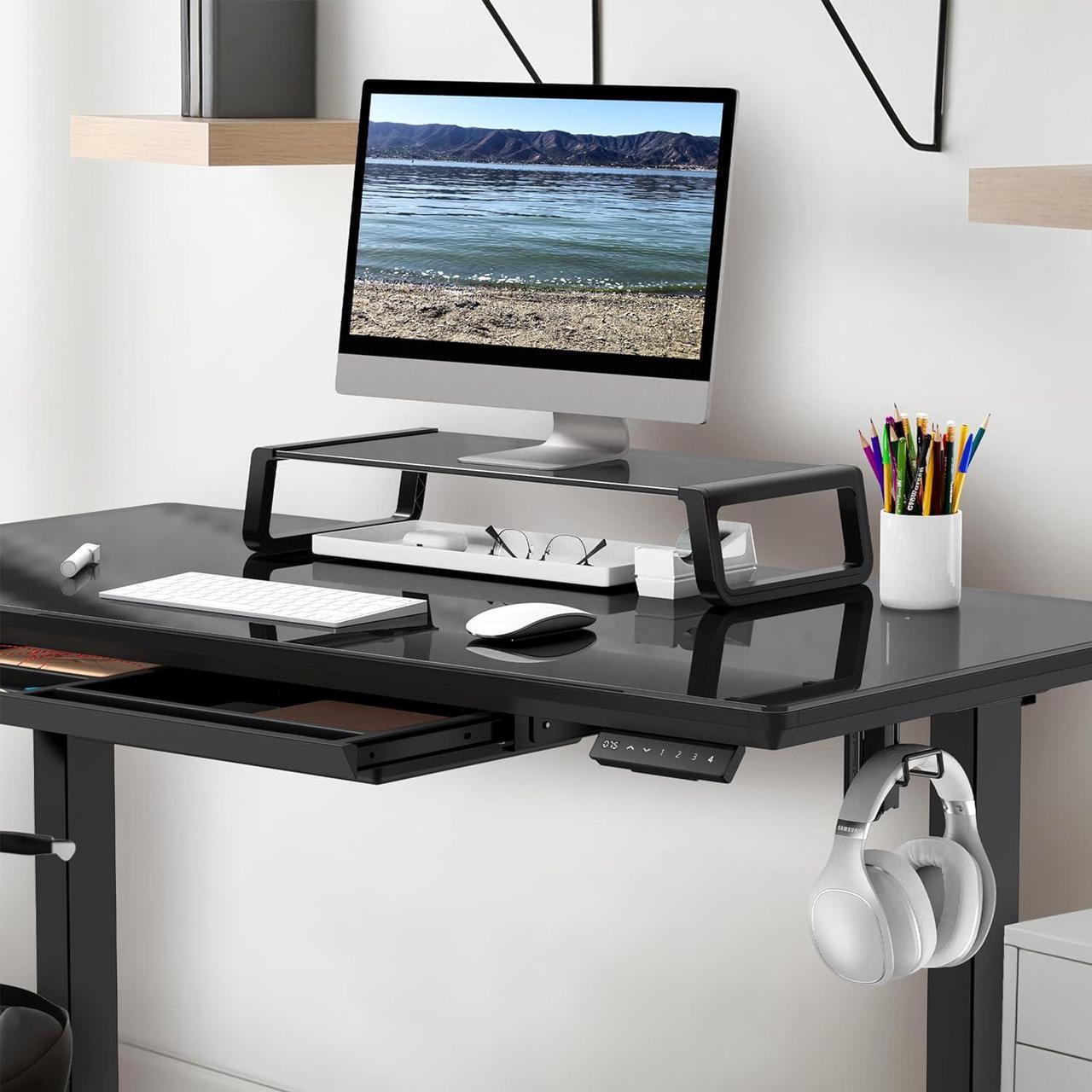 Alt view image 2 of 7 - SHW 48-Inch Glass Electric Height Adjustable Desk with Monitor Riser and Drawer, Black
