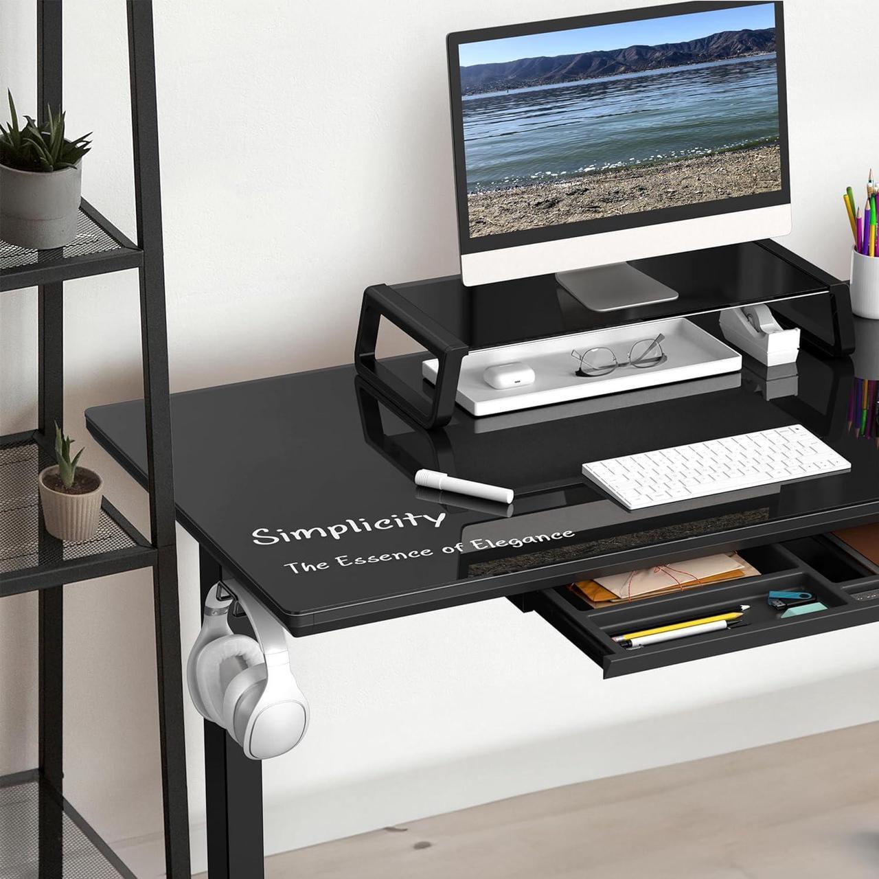 Alt view image 4 of 7 - SHW 48-Inch Glass Electric Height Adjustable Desk with Monitor Riser and Drawer, Black