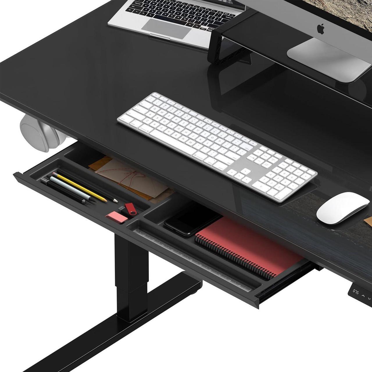 Alt view image 5 of 7 - SHW 48-Inch Glass Electric Height Adjustable Desk with Monitor Riser and Drawer, Black
