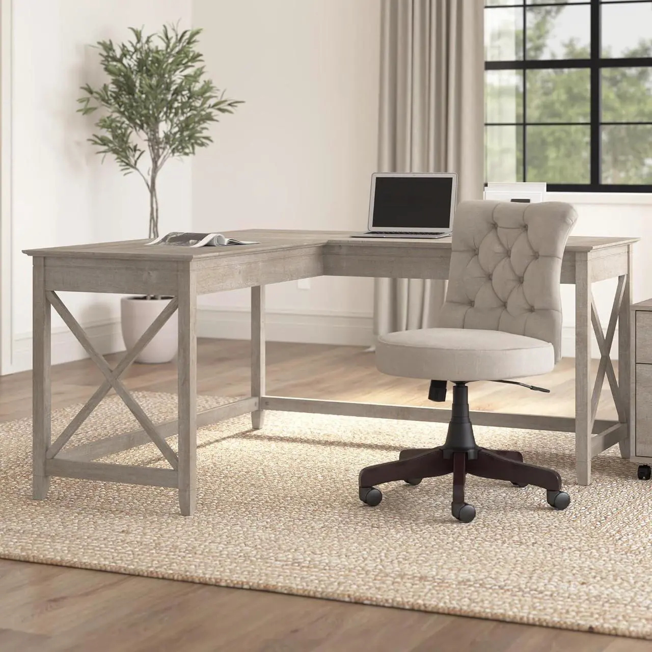 Alt view image 2 of 6 - Bush Furniture Key West 60W Modern Farmhouse L Shaped Desk in Washed Gray 60-Inch Corner Table for Home Office