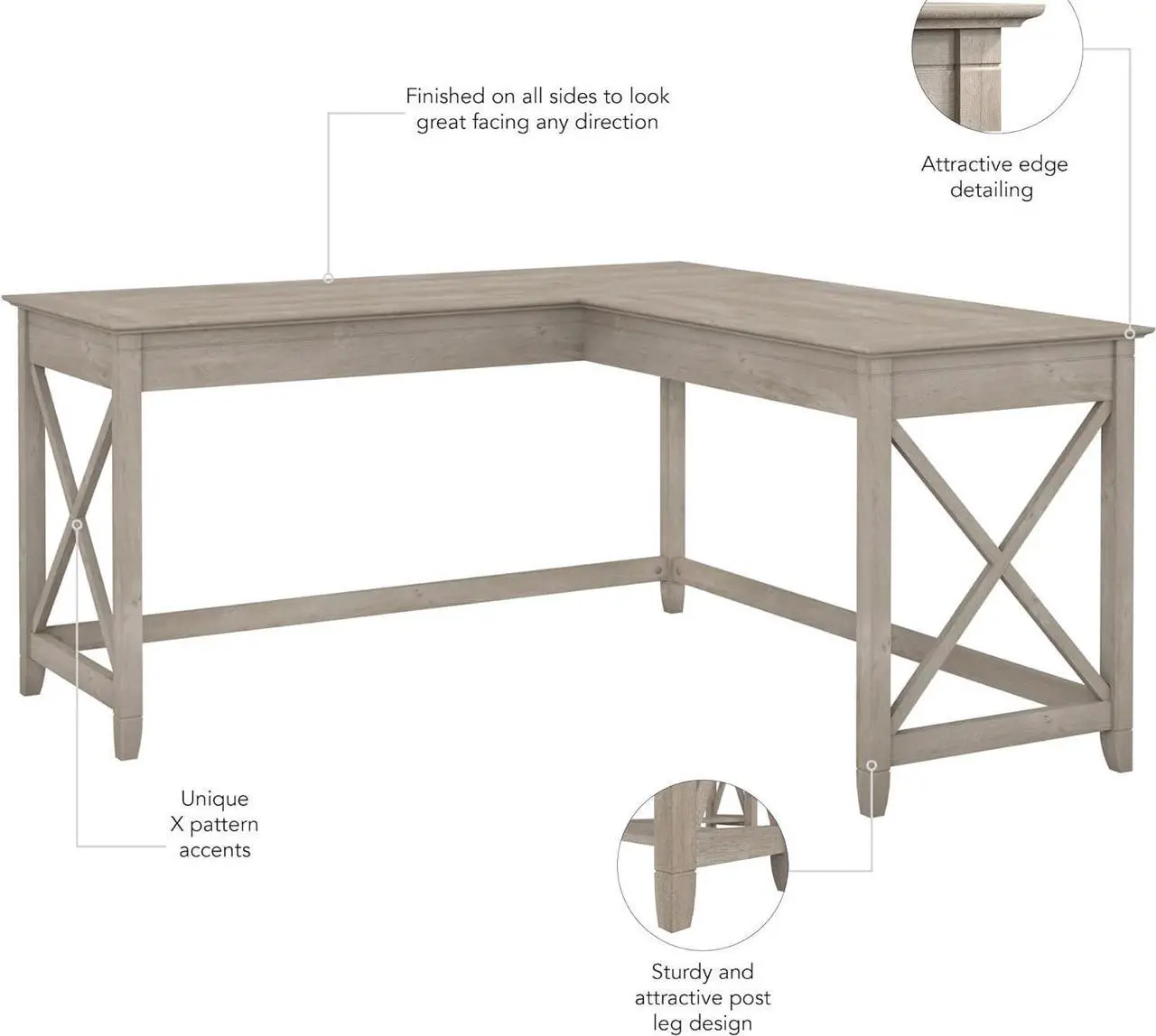 Alt view image 4 of 6 - Bush Furniture Key West 60W Modern Farmhouse L Shaped Desk in Washed Gray 60-Inch Corner Table for Home Office