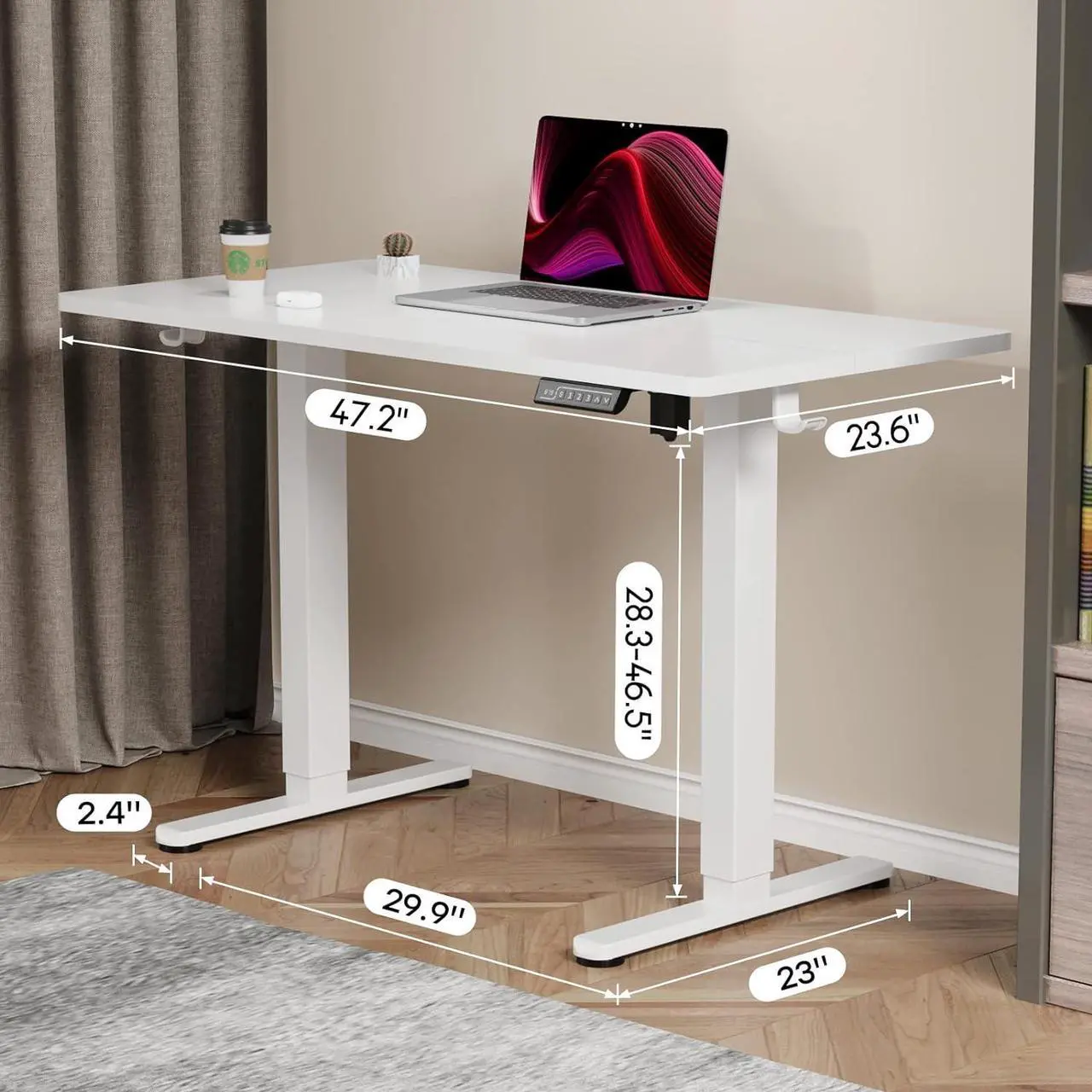 Alt view image 2 of 7 - JYLH JOYSEEKER White Standing Desk, 48 X 24 Inch Adjustable Height Electric Desk, Sit Stand Desk with 2 Hooks, Ergonomic Rising Desk with Memory Controller