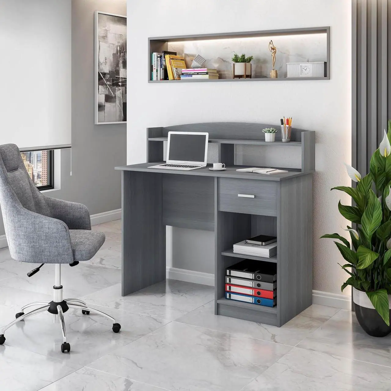 Alt view image 2 of 7 - Techni Mobili Modern Office Hutch Writing Desk, Grey