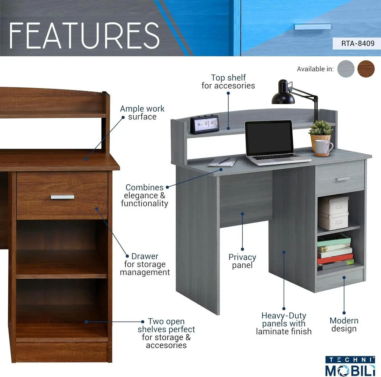 Alt view image 4 of 7 - Techni Mobili Modern Office Hutch Writing Desk, Grey