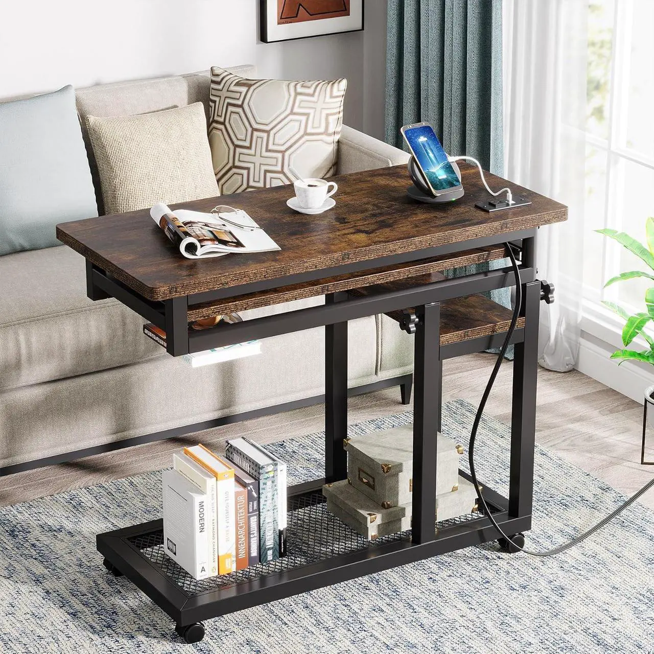 Alt view image 3 of 7 - Tribesigns Small Portable Desk with Power Outlet, Height Adjustable Sofa Couch Bedside Laptop Table with Wheels, Mobile Standing Desk Rolling Computer Cart C Side Table with USB Ports