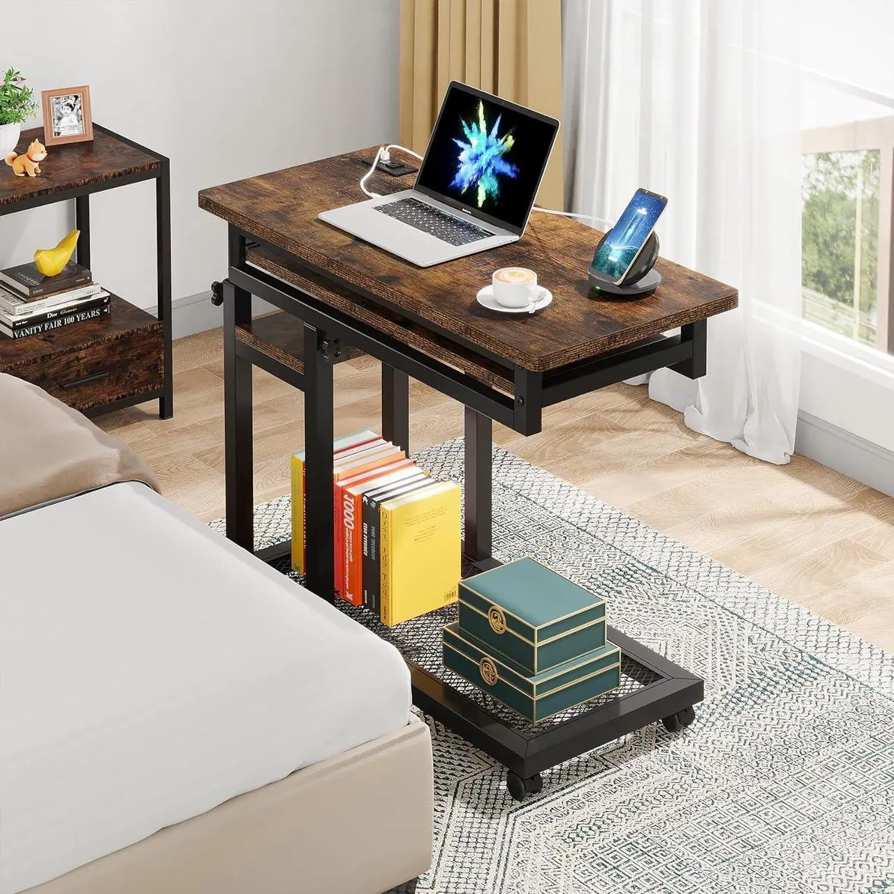 Alt view image 4 of 7 - Tribesigns Small Portable Desk with Power Outlet, Height Adjustable Sofa Couch Bedside Laptop Table with Wheels, Mobile Standing Desk Rolling Computer Cart C Side Table with USB Ports