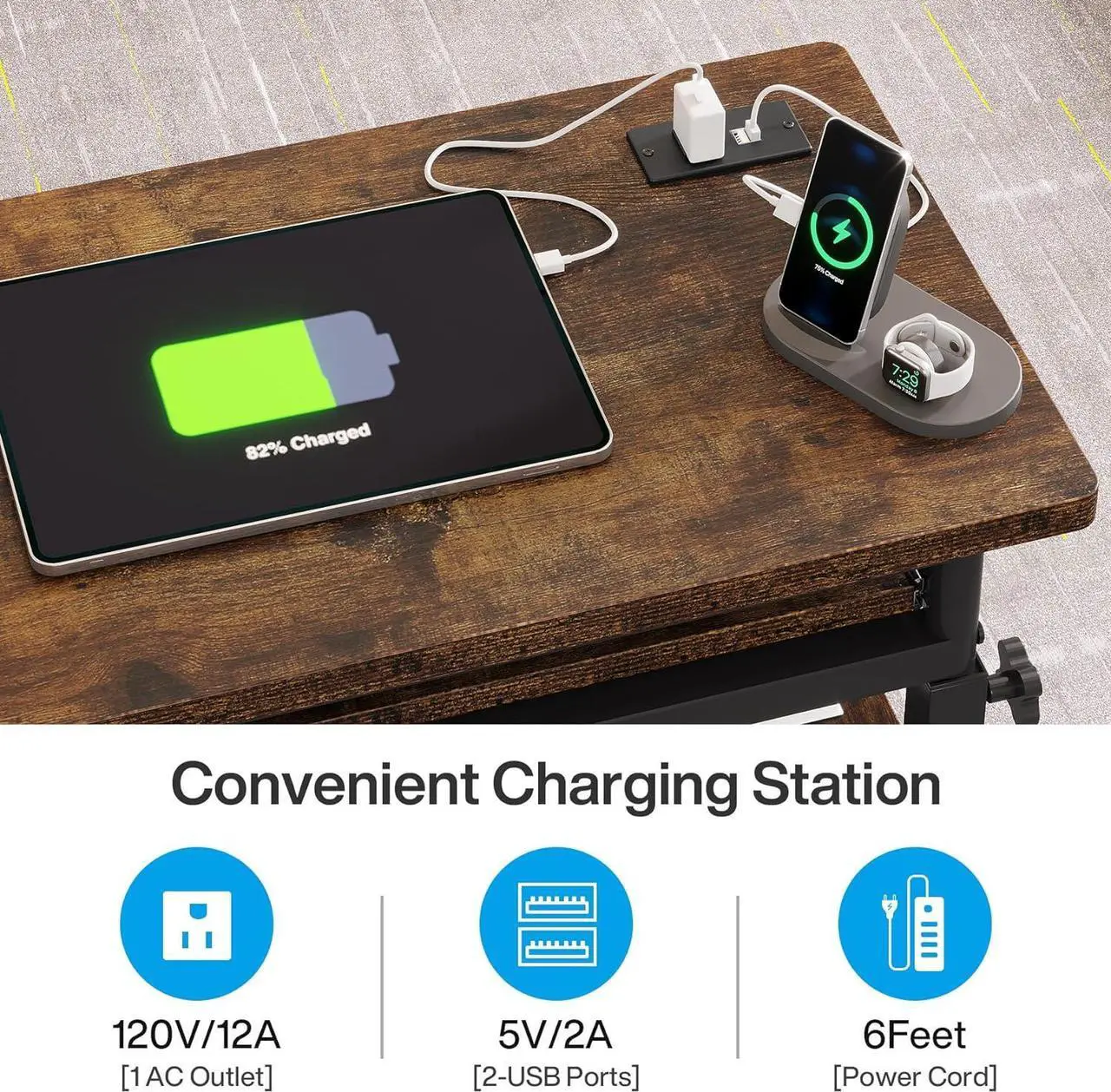 Alt view image 7 of 7 - Tribesigns Small Portable Desk with Power Outlet, Height Adjustable Sofa Couch Bedside Laptop Table with Wheels, Mobile Standing Desk Rolling Computer Cart C Side Table with USB Ports