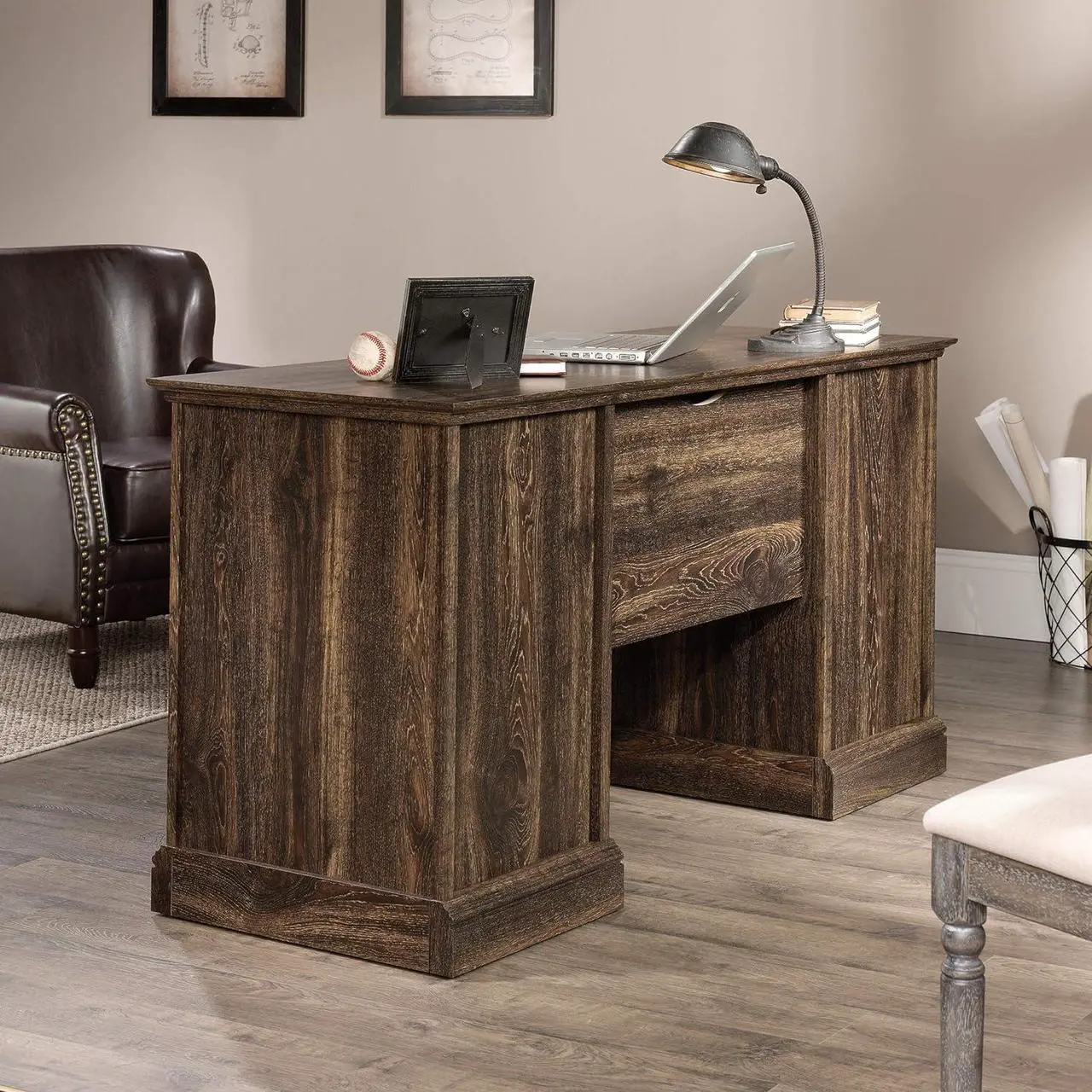 Alt view image 7 of 7 - Sauder Barrister Lane Executive Desk, L: 59.06" x W: 21.18" x H: 29.8", Iron Oak finish