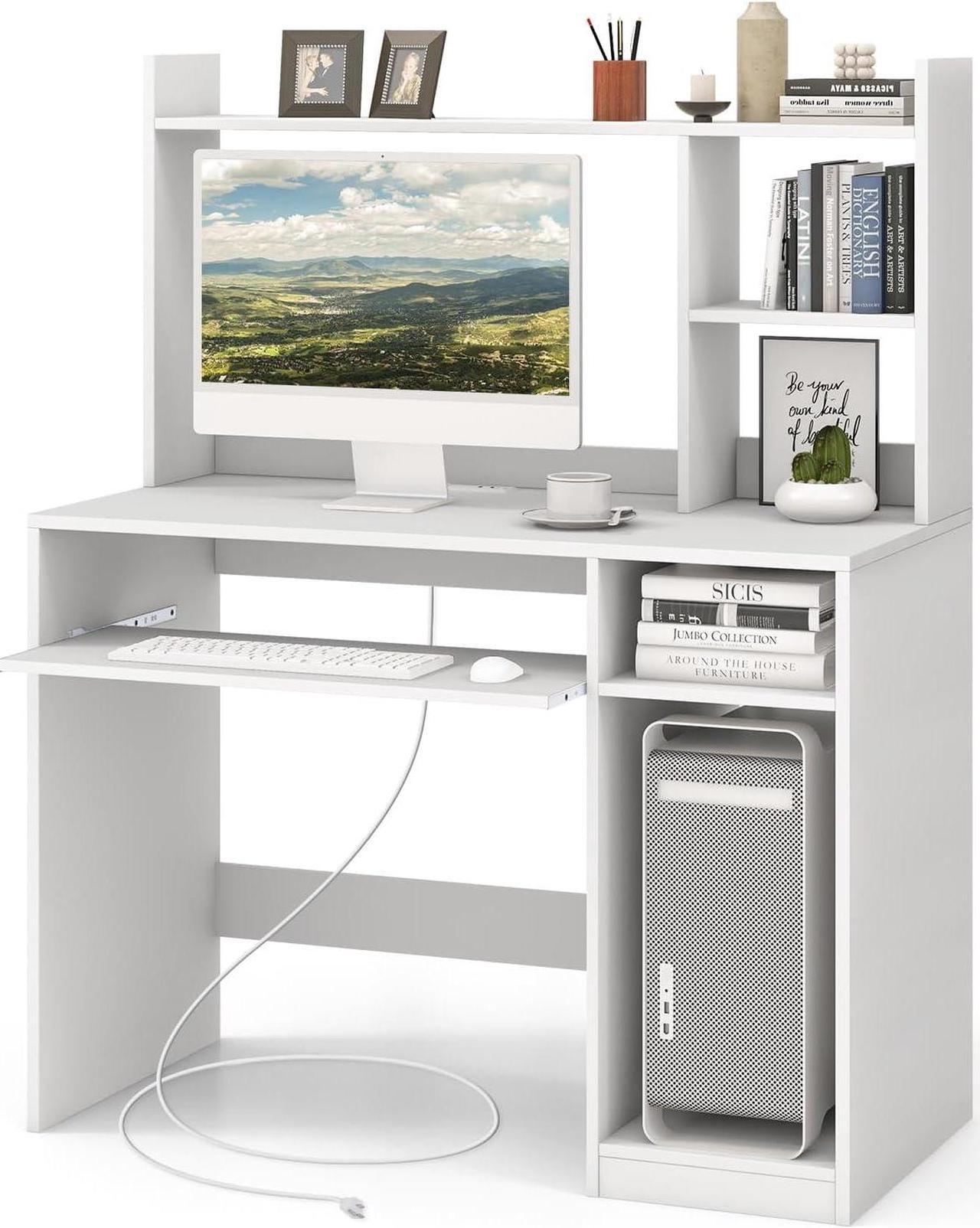 Main image of Tangkula White Desk with Hutch &Charging Station, Home Office Desk with Keyboard Tray & CPU Stand, Modern Laptop PC Desk, Space-Saving Writing Study Desk with Bookshelf, Ideal for Dorm Bedroom