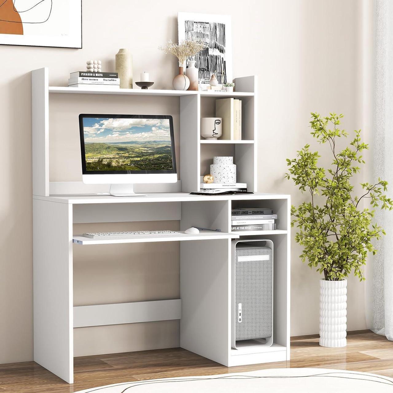Alt view image 2 of 7 - Tangkula White Desk with Hutch &Charging Station, Home Office Desk with Keyboard Tray & CPU Stand, Modern Laptop PC Desk, Space-Saving Writing Study Desk with Bookshelf, Ideal for Dorm Bedroom