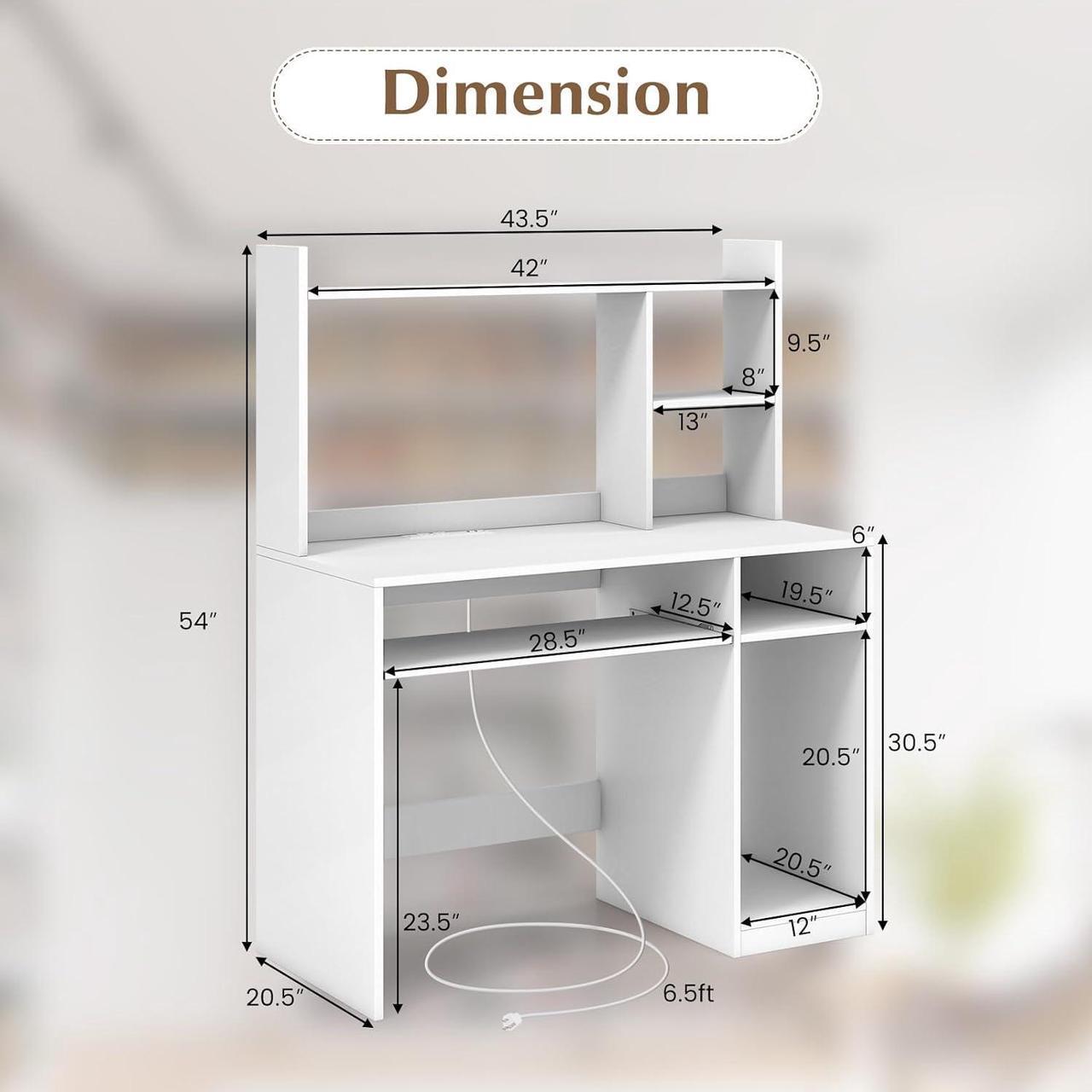 Alt view image 3 of 7 - Tangkula White Desk with Hutch &Charging Station, Home Office Desk with Keyboard Tray & CPU Stand, Modern Laptop PC Desk, Space-Saving Writing Study Desk with Bookshelf, Ideal for Dorm Bedroom