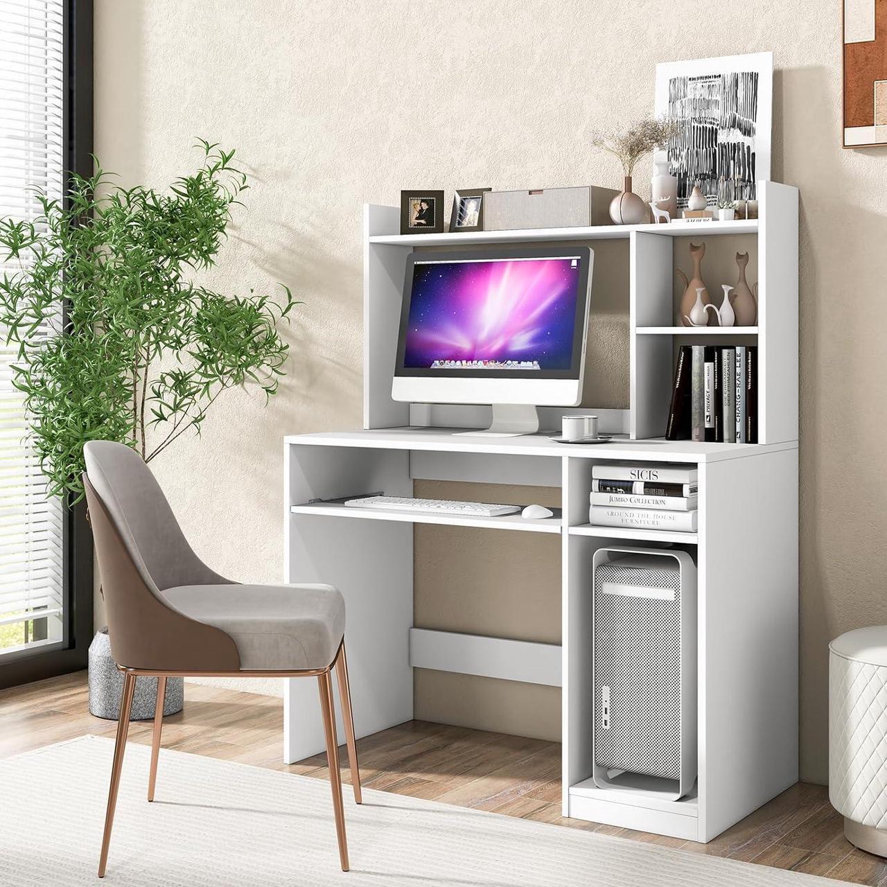 Alt view image 4 of 7 - Tangkula White Desk with Hutch &Charging Station, Home Office Desk with Keyboard Tray & CPU Stand, Modern Laptop PC Desk, Space-Saving Writing Study Desk with Bookshelf, Ideal for Dorm Bedroom