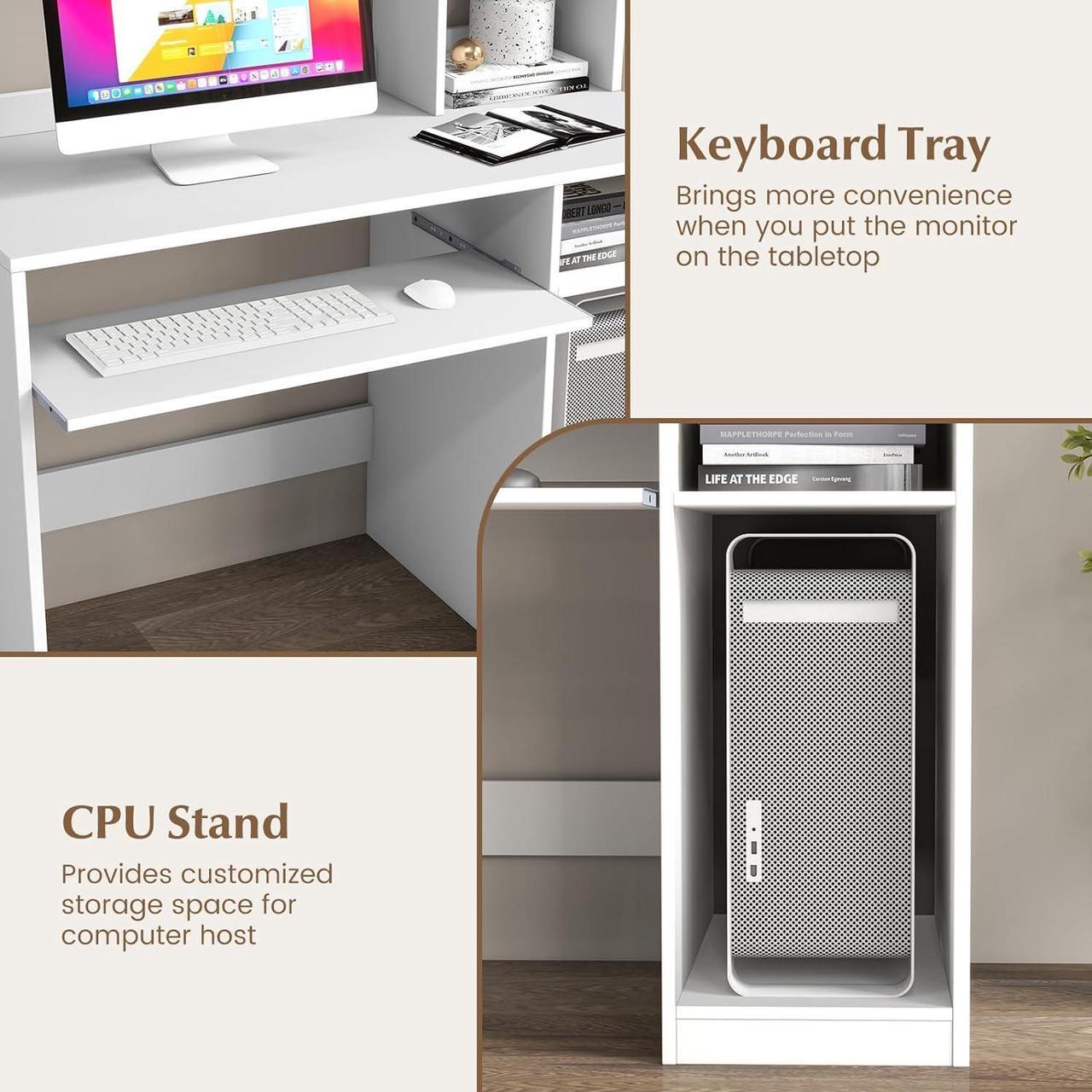 Alt view image 5 of 7 - Tangkula White Desk with Hutch &Charging Station, Home Office Desk with Keyboard Tray & CPU Stand, Modern Laptop PC Desk, Space-Saving Writing Study Desk with Bookshelf, Ideal for Dorm Bedroom