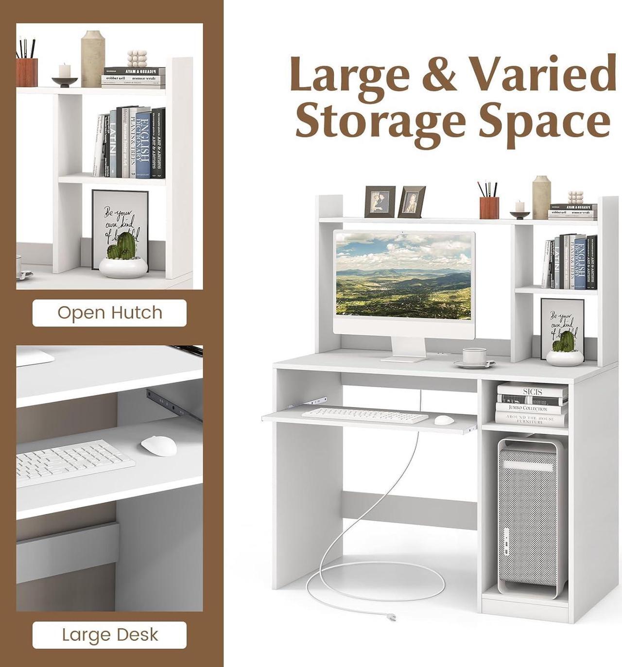 Alt view image 6 of 7 - Tangkula White Desk with Hutch &Charging Station, Home Office Desk with Keyboard Tray & CPU Stand, Modern Laptop PC Desk, Space-Saving Writing Study Desk with Bookshelf, Ideal for Dorm Bedroom