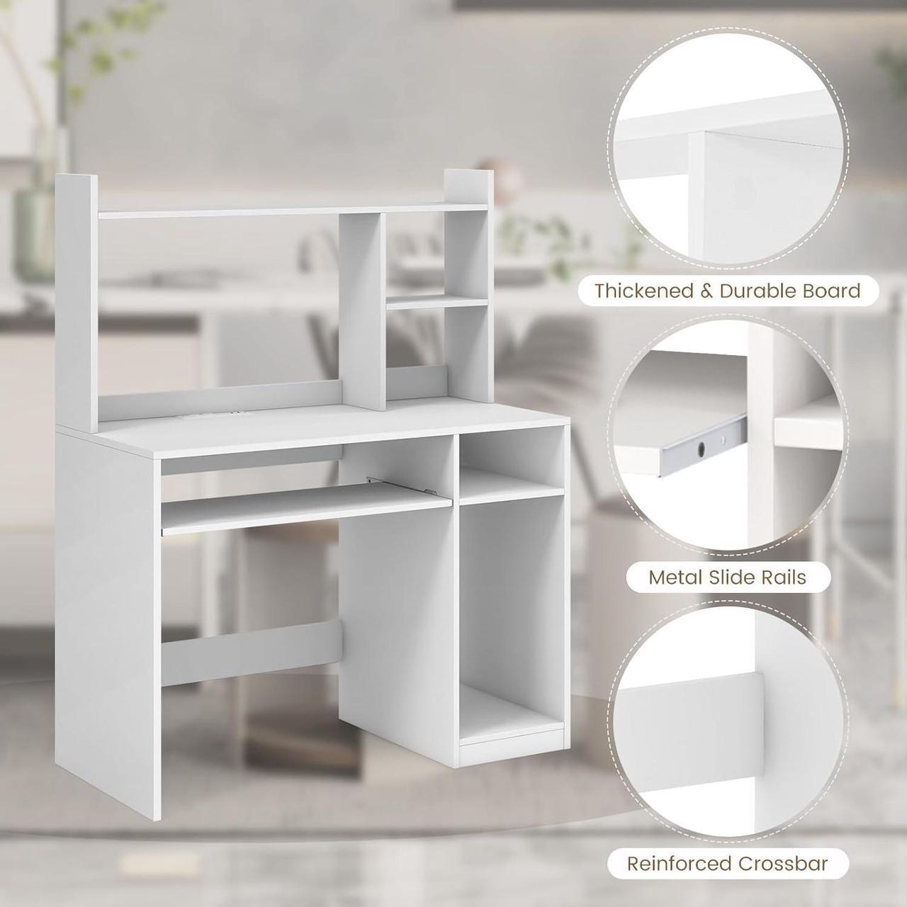 Alt view image 7 of 7 - Tangkula White Desk with Hutch &Charging Station, Home Office Desk with Keyboard Tray & CPU Stand, Modern Laptop PC Desk, Space-Saving Writing Study Desk with Bookshelf, Ideal for Dorm Bedroom