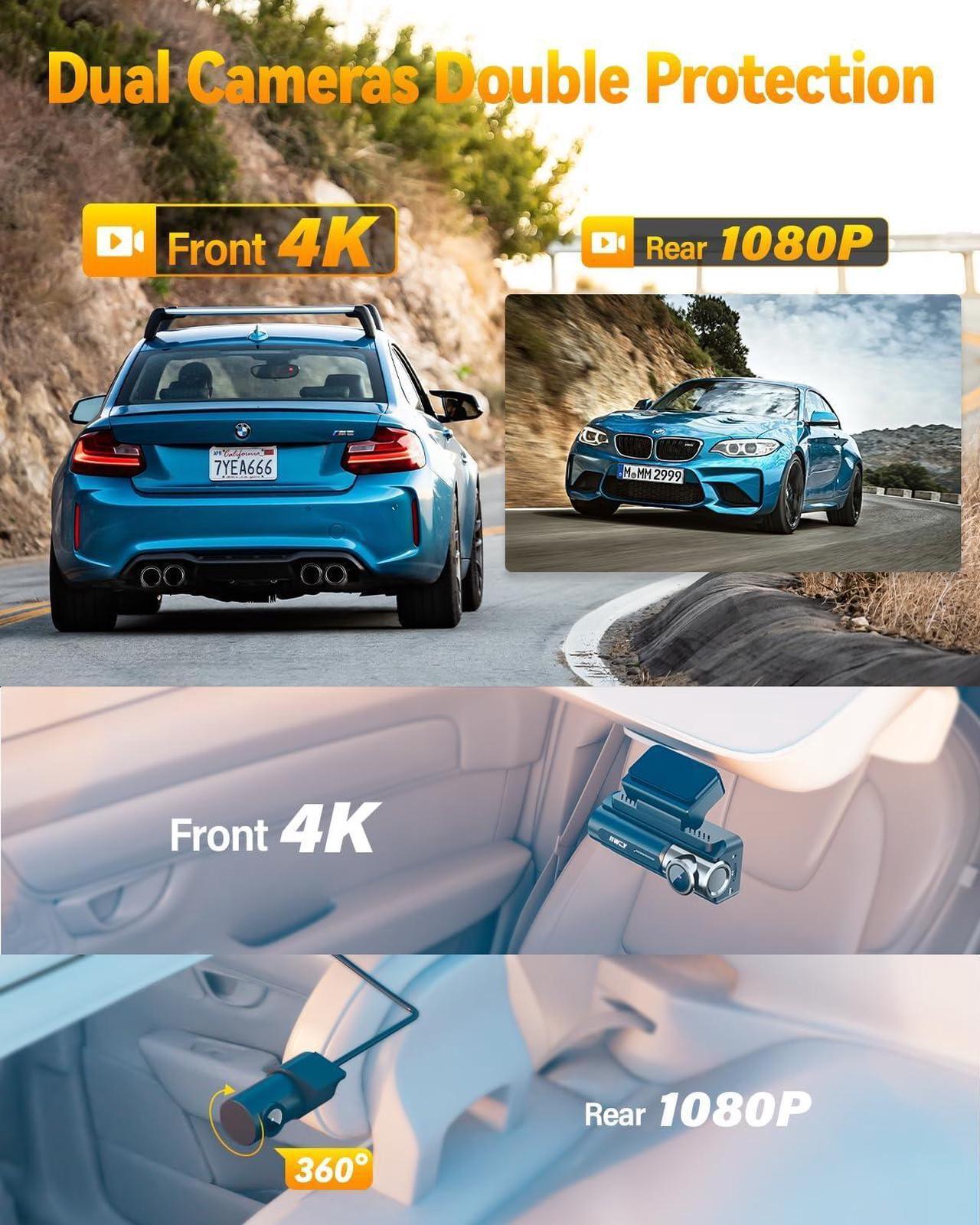 Alt view image 2 of 7 - Dash Cam Front Rear 4K Built-in GPS 5GHz WiFi, 3.39" IPS Screen, Voice Control, Dual Dash Camera for Cars Free 64GB SD Card, Super Night Vision, 24H Parking Monitor, Supercapacitor, Type C, WDR