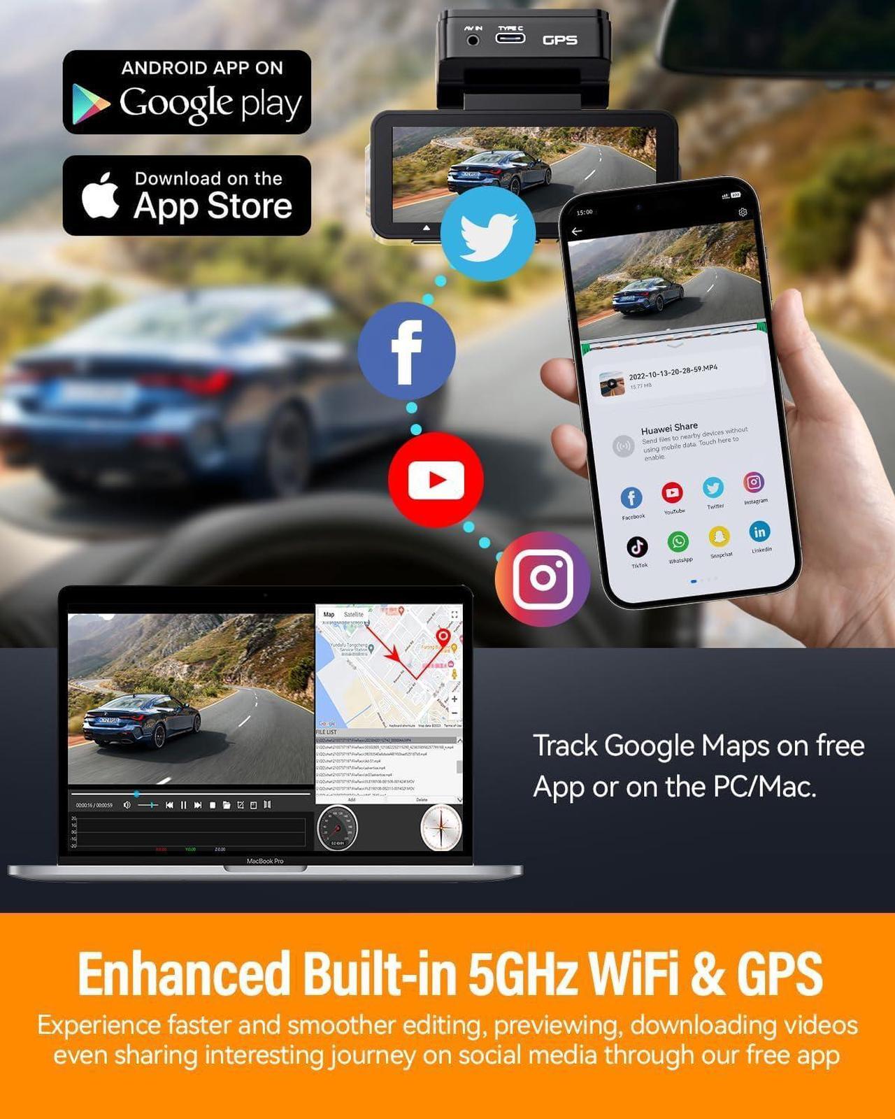 Alt view image 3 of 7 - Dash Cam Front Rear 4K Built-in GPS 5GHz WiFi, 3.39" IPS Screen, Voice Control, Dual Dash Camera for Cars Free 64GB SD Card, Super Night Vision, 24H Parking Monitor, Supercapacitor, Type C, WDR