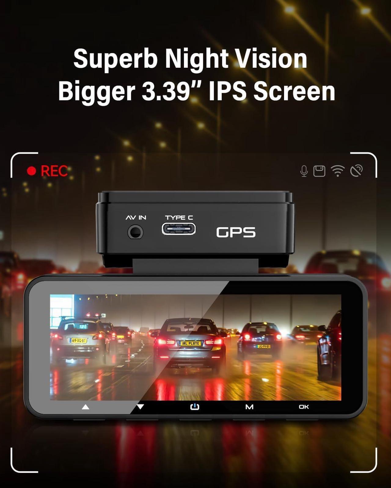 Alt view image 4 of 7 - Dash Cam Front Rear 4K Built-in GPS 5GHz WiFi, 3.39" IPS Screen, Voice Control, Dual Dash Camera for Cars Free 64GB SD Card, Super Night Vision, 24H Parking Monitor, Supercapacitor, Type C, WDR