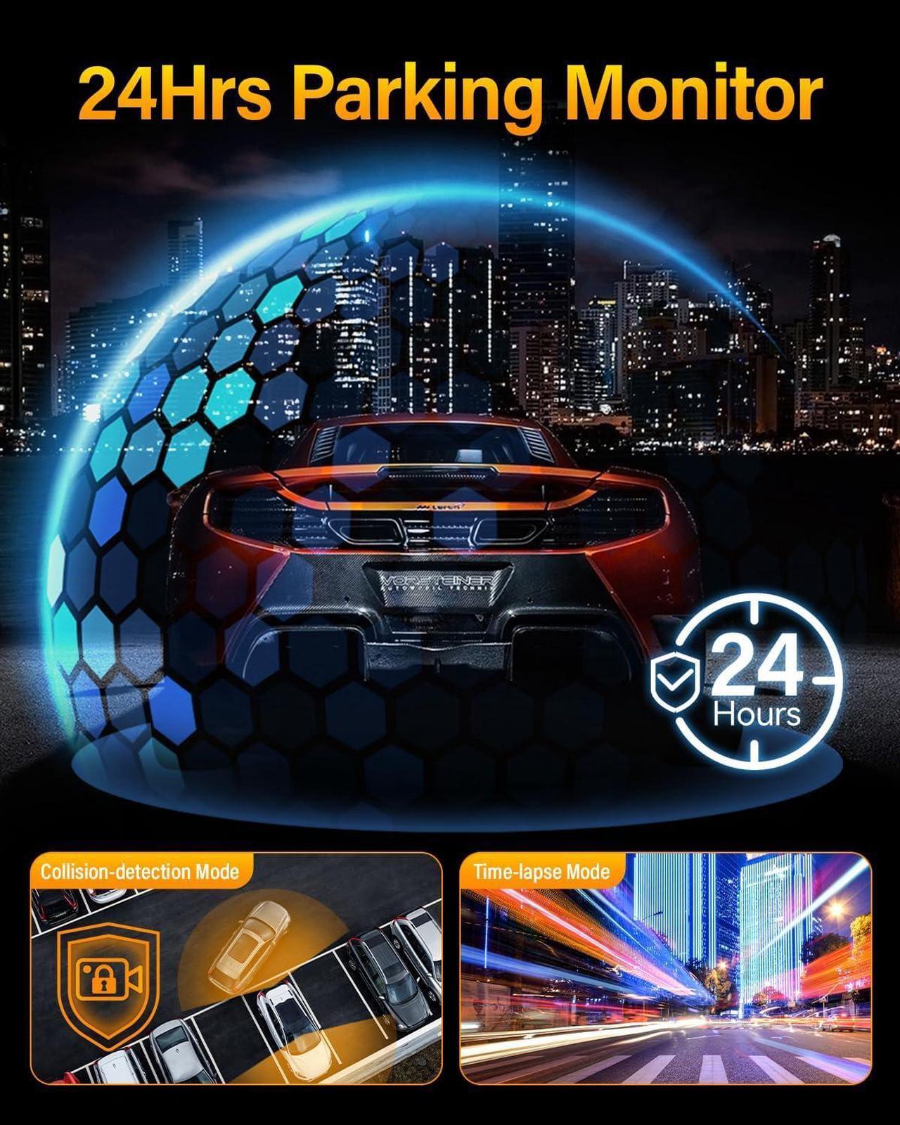 Alt view image 6 of 7 - Dash Cam Front Rear 4K Built-in GPS 5GHz WiFi, 3.39" IPS Screen, Voice Control, Dual Dash Camera for Cars Free 64GB SD Card, Super Night Vision, 24H Parking Monitor, Supercapacitor, Type C, WDR