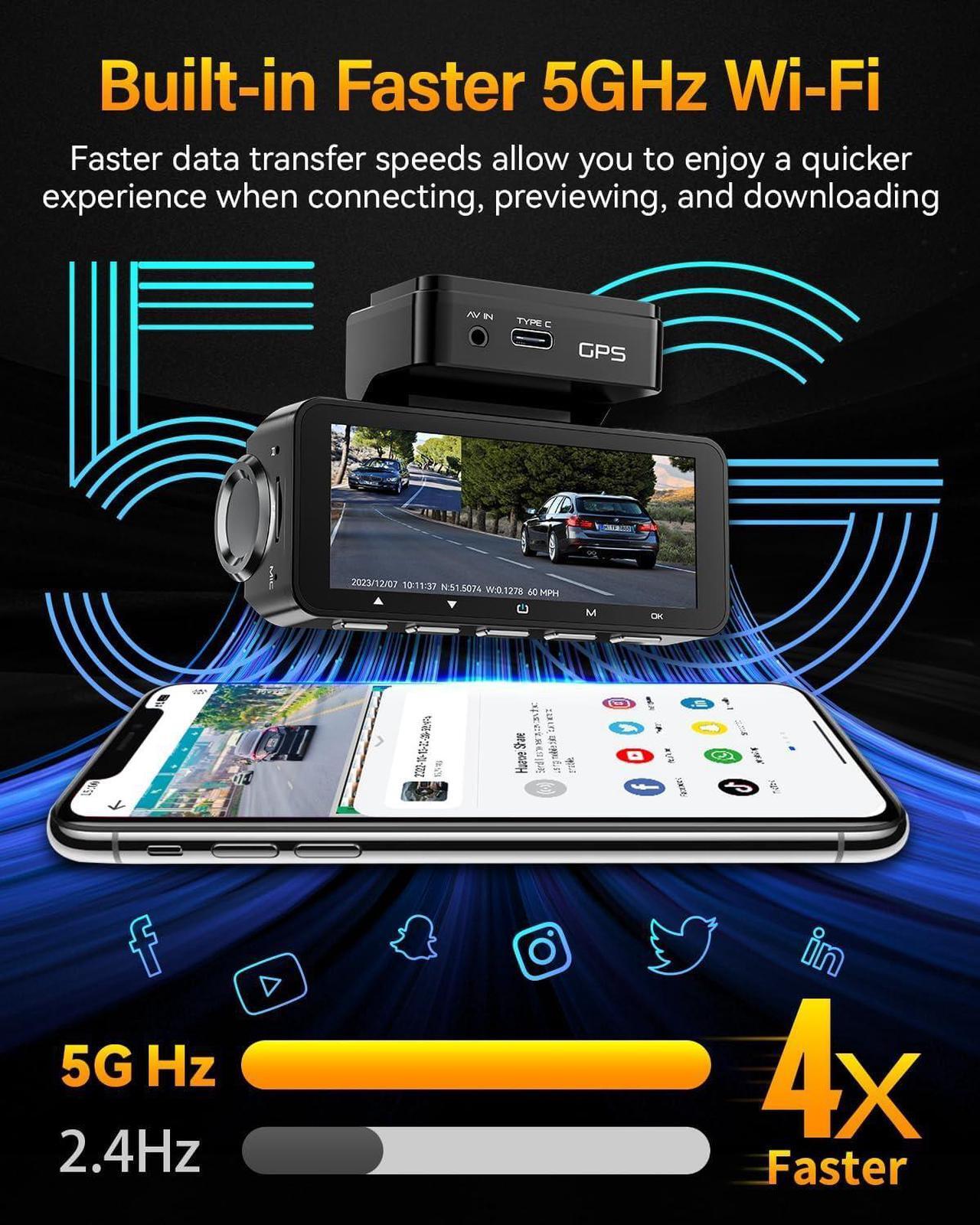 Alt view image 7 of 7 - Dash Cam Front Rear 4K Built-in GPS 5GHz WiFi, 3.39" IPS Screen, Voice Control, Dual Dash Camera for Cars Free 64GB SD Card, Super Night Vision, 24H Parking Monitor, Supercapacitor, Type C, WDR