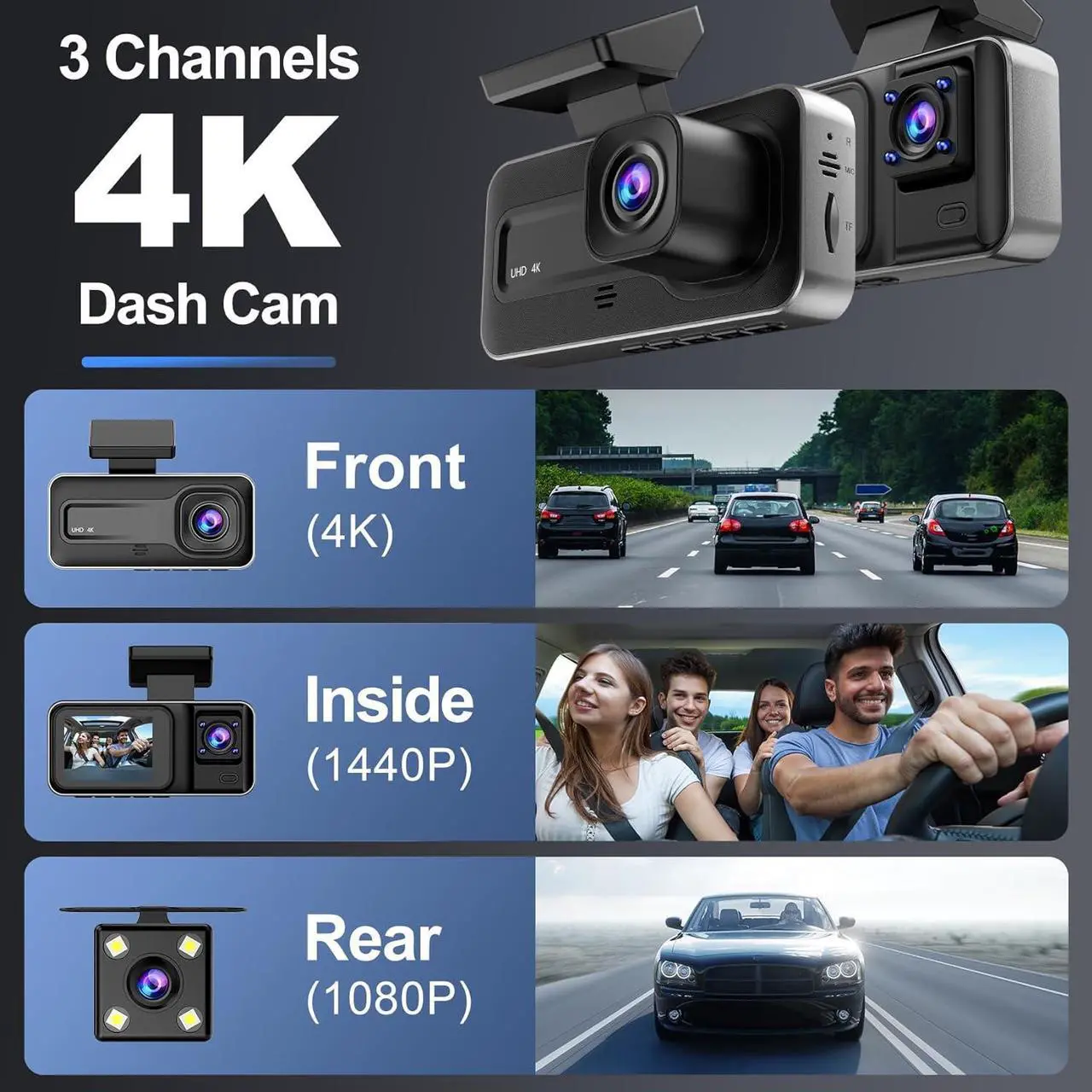 Alt view image 3 of 7 - 3 Channel 4K Dash Cam, Dash Camera for Cars with Free 64GB SD Card, 4K+1080P+1440P Dash Cam Front and Rear Inside, Super Night Vision, Loop Recording, G-Sensor, Motion Detection, 24 Hours Parking Mode