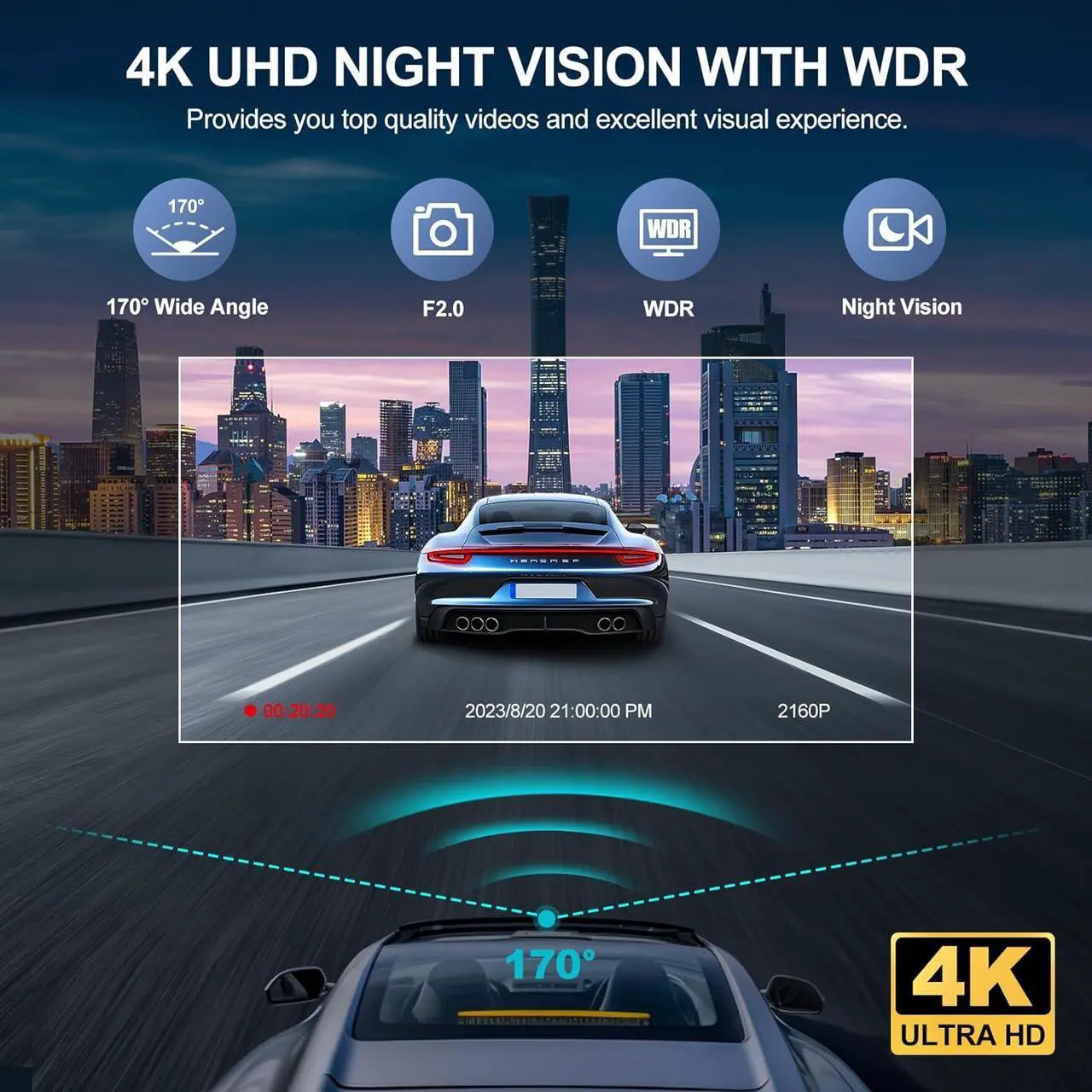 Alt view image 6 of 7 - 3 Channel 4K Dash Cam, Dash Camera for Cars with Free 64GB SD Card, 4K+1080P+1440P Dash Cam Front and Rear Inside, Super Night Vision, Loop Recording, G-Sensor, Motion Detection, 24 Hours Parking Mode