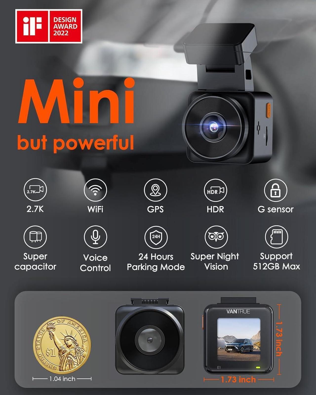 Alt view image 2 of 7 - E1 2.7K WiFi Mini Dash Cam with GPS and Speed, Voice Control Front Car Dash Camera, 24 Hours Parking Mode, Night Vision, Buffered Motion Detection, APP, Wireless Controller, Support 512GB Max