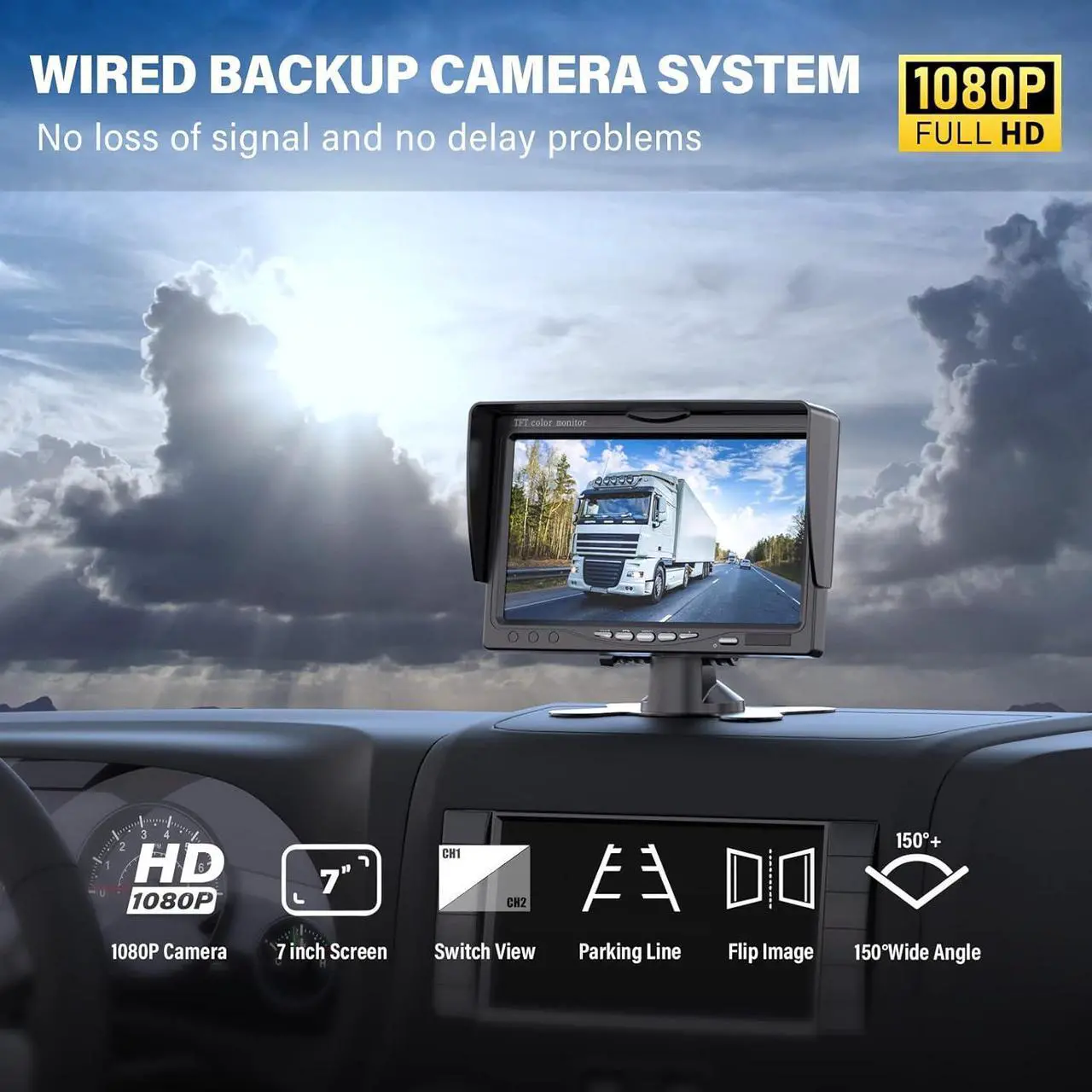 Alt view image 2 of 7 - Upgrade Backup Camera Monitor Kit 7" HD 1080P Monitor IP69 Waterproof Rearview Reversing Rear View Camera for Truck Trailer RV Pickup (TZ101)