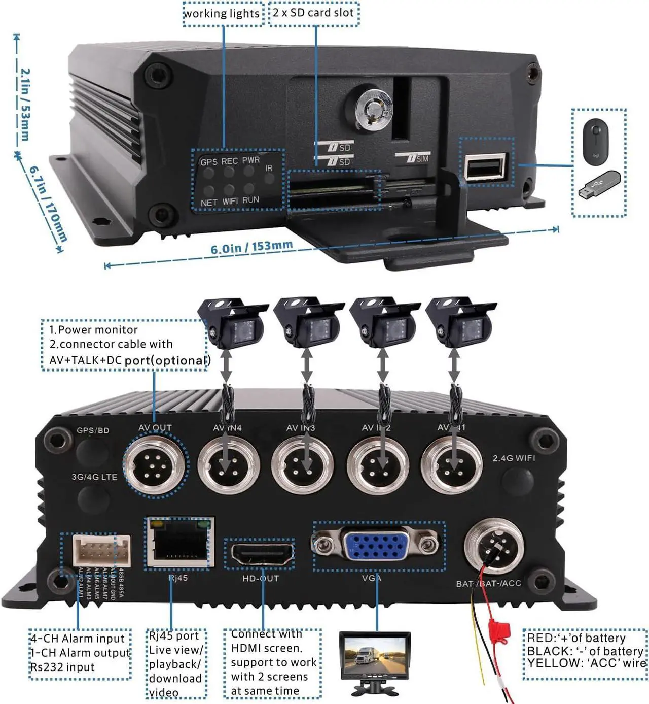 Alt view image 4 of 6 - Gadpiparty JOINLGO 4 Channel 1080P Mobile Vehicle Truck DVR Video Recorder System with Night Vision Waterproof Side Front Rear View Car Camera 10 inches Screen for Fleet/Bus/RV/Van