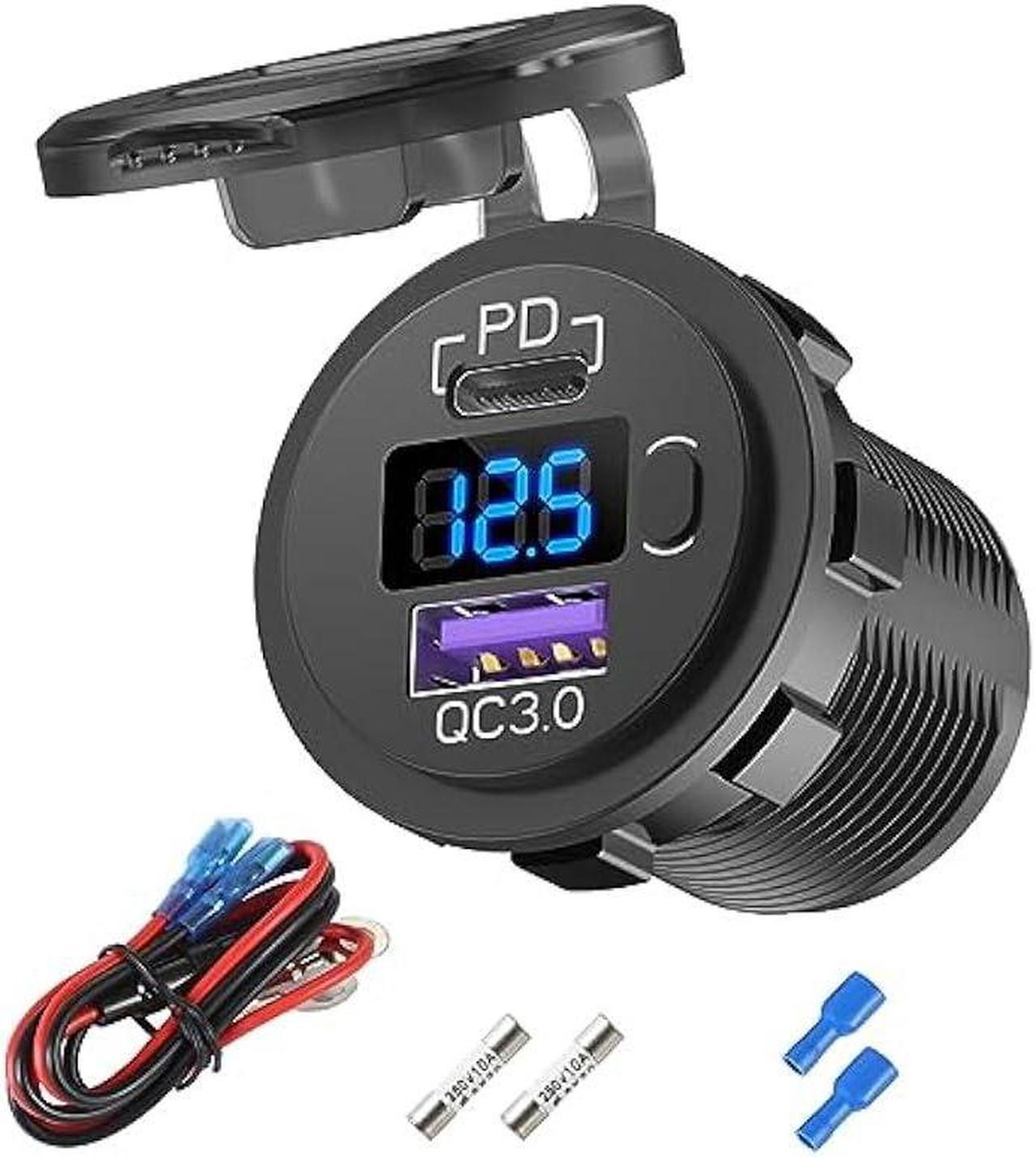 12V USB C Car Charger Socket, 38W 12V USB Cigarette Lighter Replacement with PD 3.0 and QC 3.0 Car USB Port, Waterproof 12 Volt USB Outlet with Power Switch Voltmeter for Car Marine Truck RV