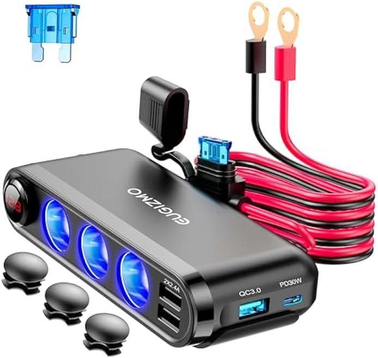 Main image of EUGIZMO 12V Car Cigarette Lighter Socket, 200W 3 Socket Cigarette Lighter Plug Splitter USB Charger Adapter 12 Volt Socket Power Outlet Auxiliary Cigarette Lighter Socket with Eyelet Terminal (Red)